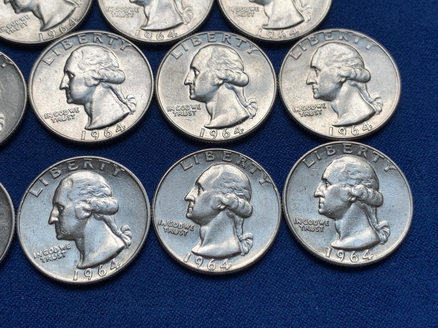 《竞宝斋》第280场- 周日，周一 ，周二3场连拍 （全场包邮） 14枚一组 1964年美国华盛顿25美分银币 重6.25克 900银 合计纯银78.75克