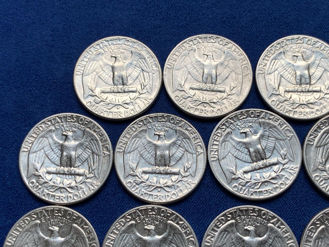 《竞宝斋》第280场- 周日，周一 ，周二3场连拍 （全场包邮） 14枚一组 1964年美国华盛顿25美分银币 重6.25克 900银 合计纯银78.75克