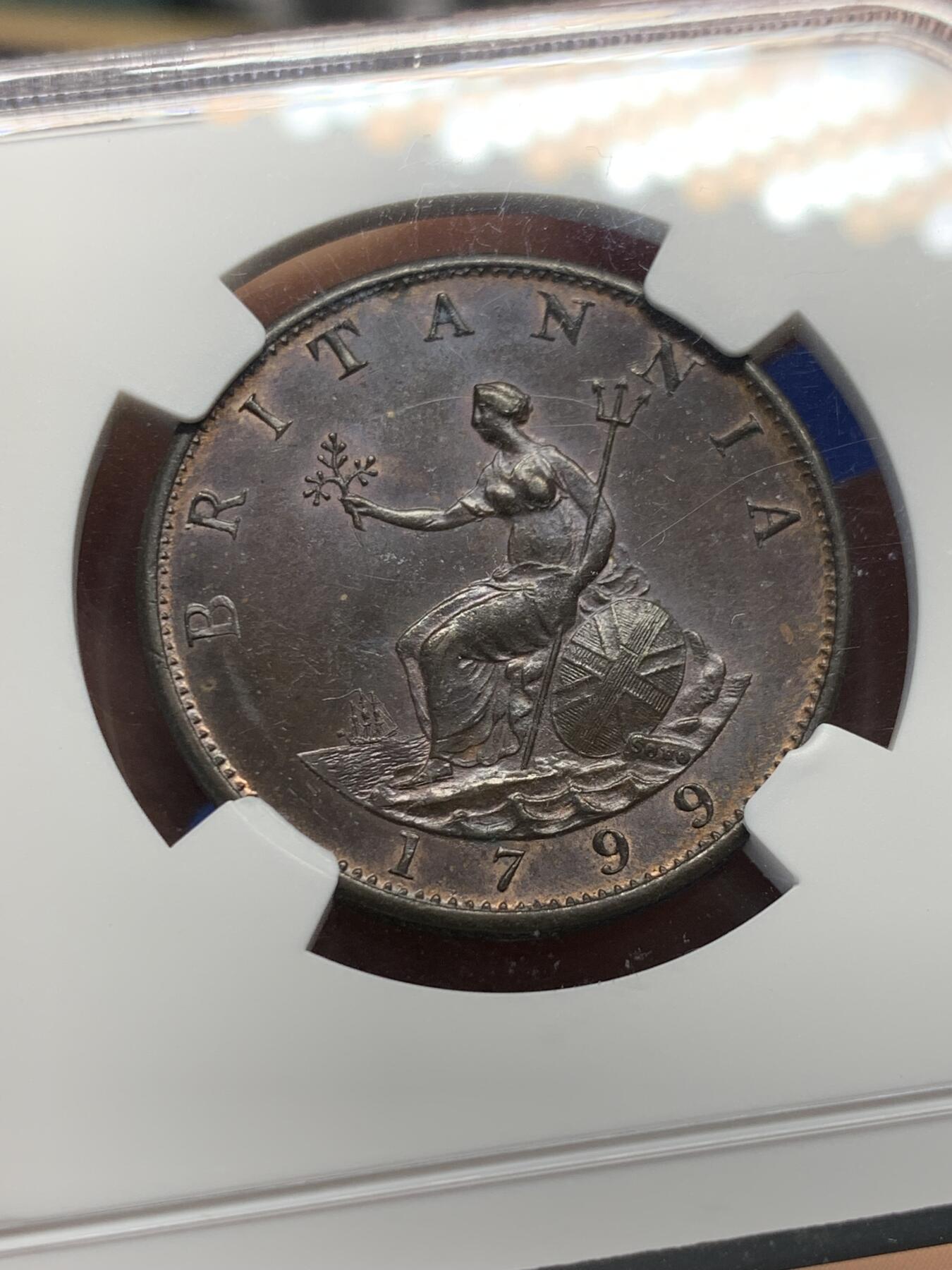 《竞宝斋》第280场- 周日，周一 ，周二3场连拍 （全场包邮） NGC MS63BN 英国1799乔治三世半便士铜币 丝滑黑巧克力，包浆均匀，高点优秀，同分中的好状态。年初SBP拍卖64分含佣合人民币1738元成交