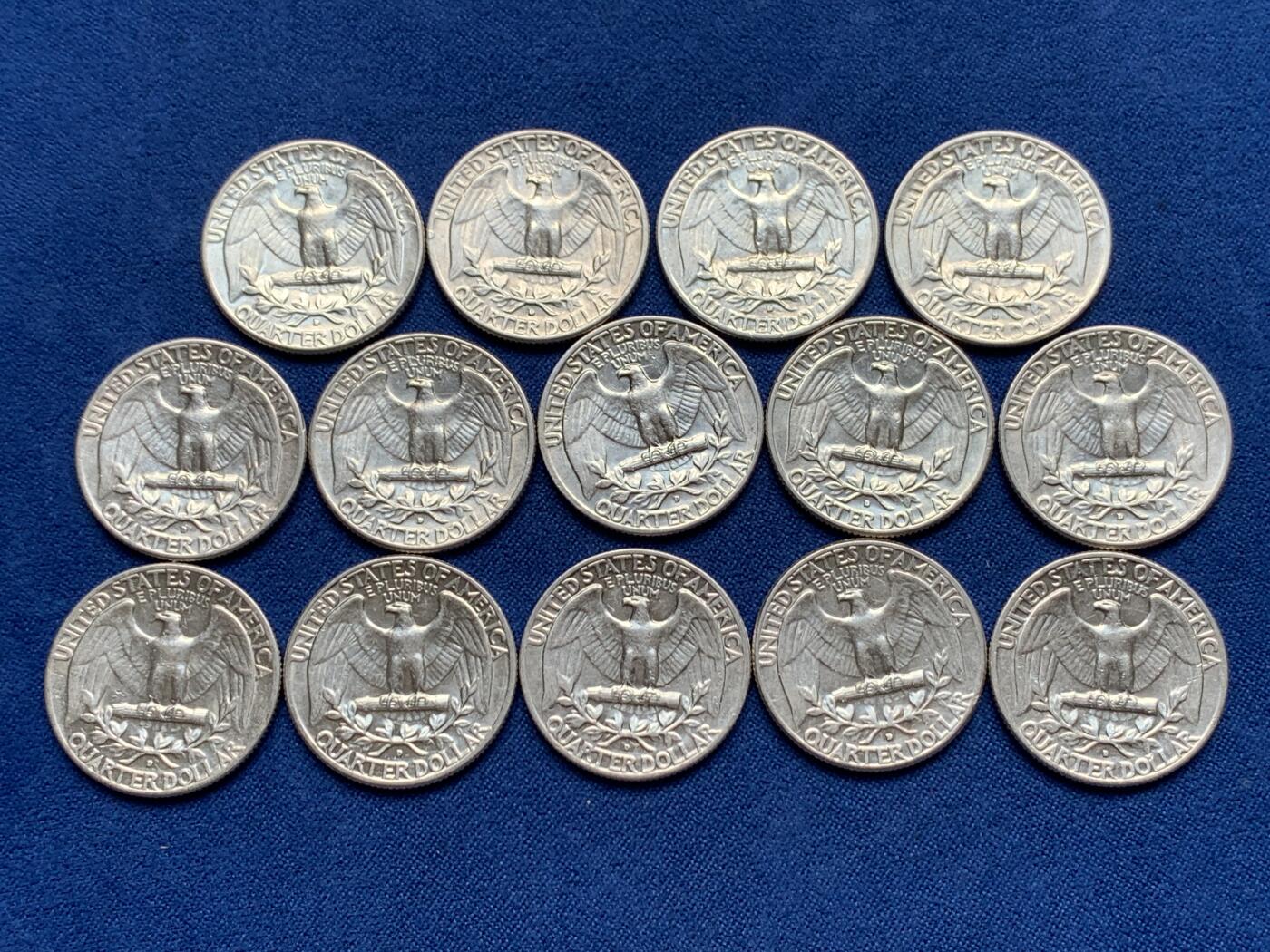 《竞宝斋》第280场- 周日，周一 ，周二3场连拍 （全场包邮） 14枚一组 1964年美国华盛顿25美分银币 重6.25克 900银 合计纯银78.75克