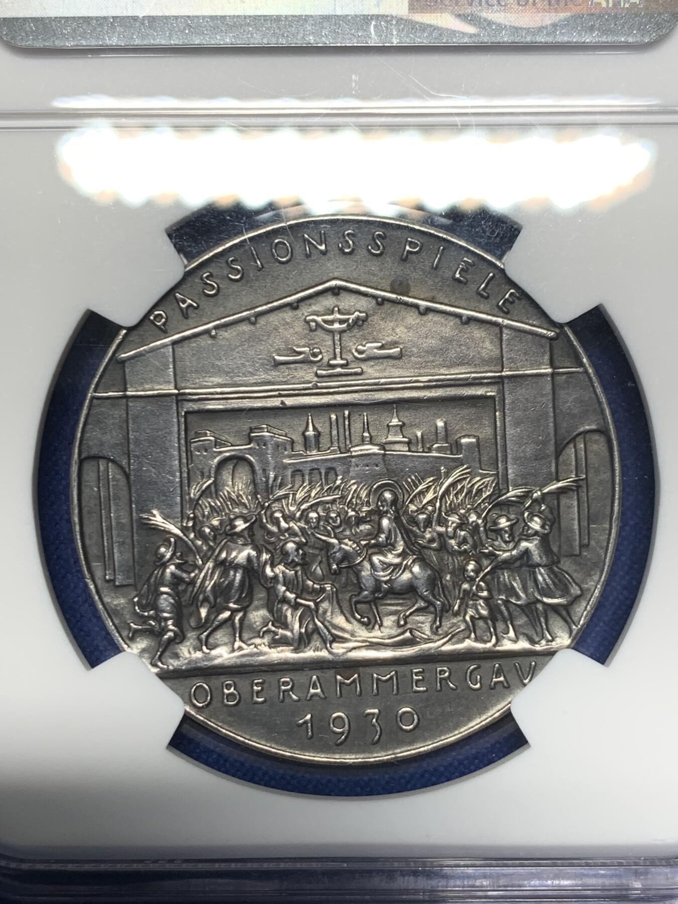 《竞宝斋》第280场- 周日，周一 ，周二3场连拍 （全场包邮） NGC MS60 哥茨经典1930年魏玛德国耶稣受难记上演纪念银章 层次分明 颇显功力