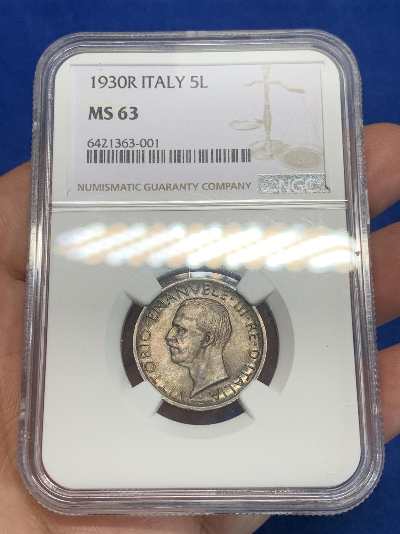 《竞宝斋》第280场- 周日，周一 ，周二3场连拍 （全场包邮） NGC MS63 意大利1930年5里拉银币 深灰包浆比较耐看