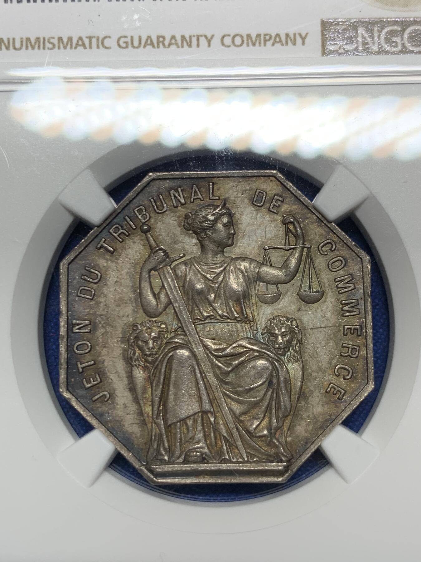 《竞宝斋》第281场- 周日，周一 ，周二3场连拍 （全场包邮） NGC-MS64 法国八角银质代币，瓦朗谢纳商会，三狮+双天鹅设计，少见图案