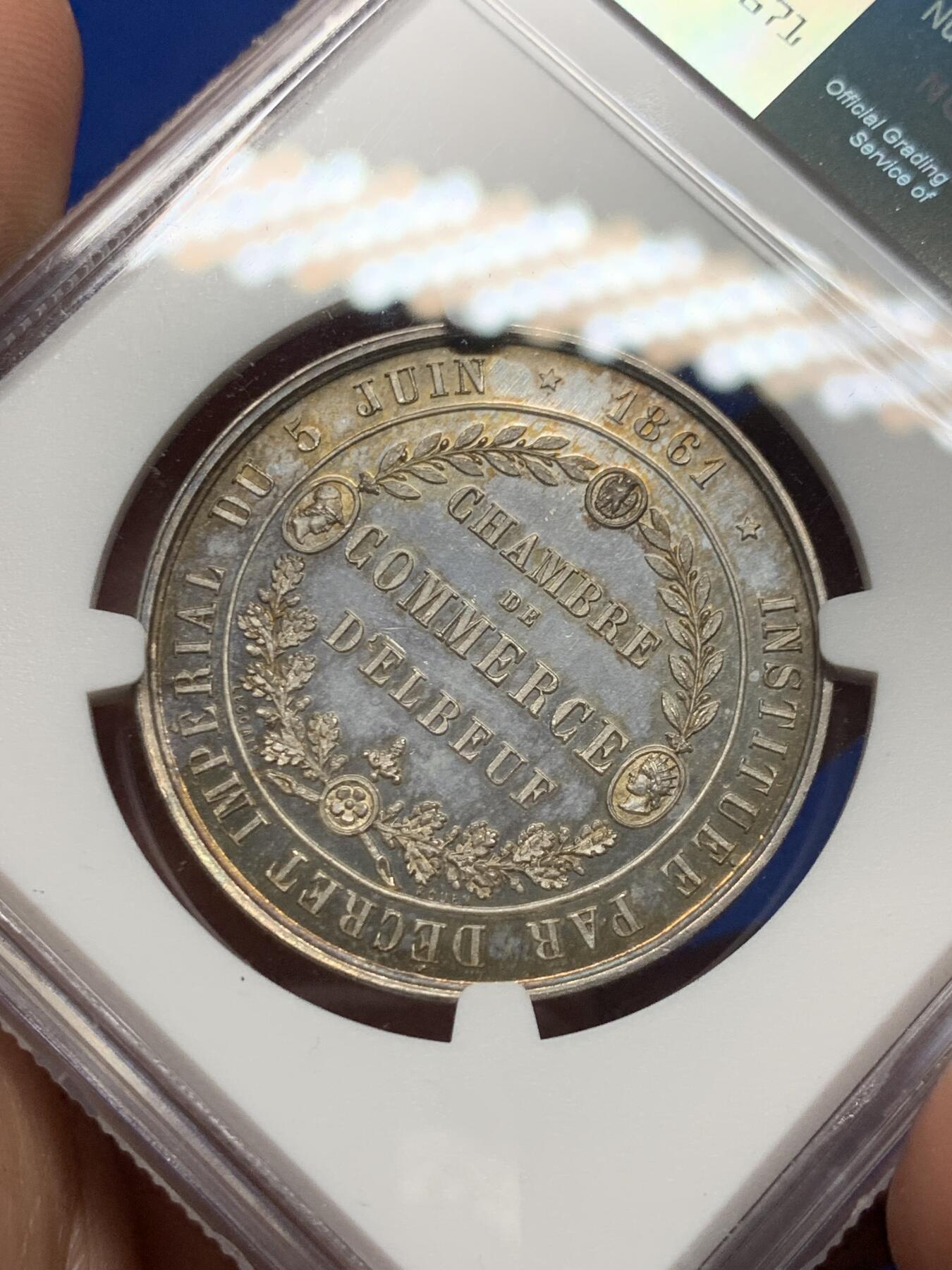 《竞宝斋》第281场- 周日，周一 ，周二3场连拍 （全场包邮） NGC-MS65 法国埃尔伯夫商会银质jeton，五彩包浆