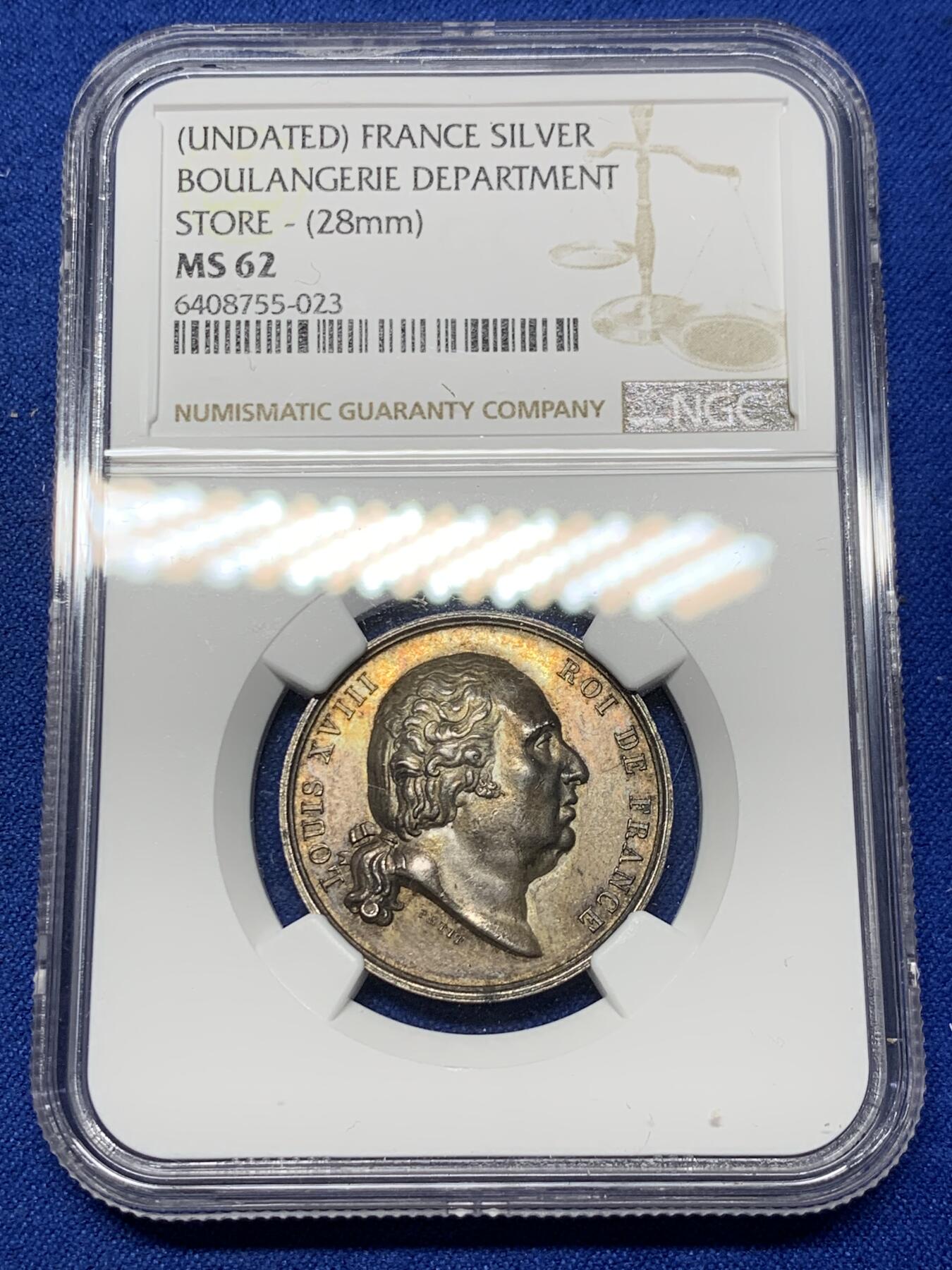 《竞宝斋》第281场- 周日，周一 ，周二3场连拍 （全场包邮） NGC-MS62 法国银代币，路易十八头像巴黎面包店