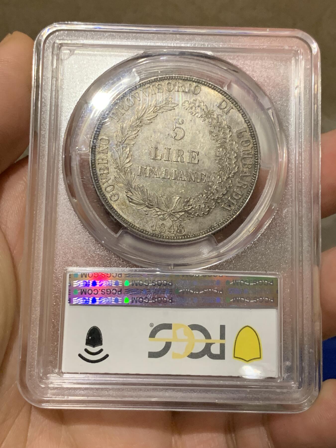 《竞宝斋》第280场- 周日，周一 ，周二3场连拍 （全场包邮） PCGS MS63 意大利1848伦巴底临时政府单年份5里拉银币 五彩包浆十分舒服有精致的地板 细节到位没有减重