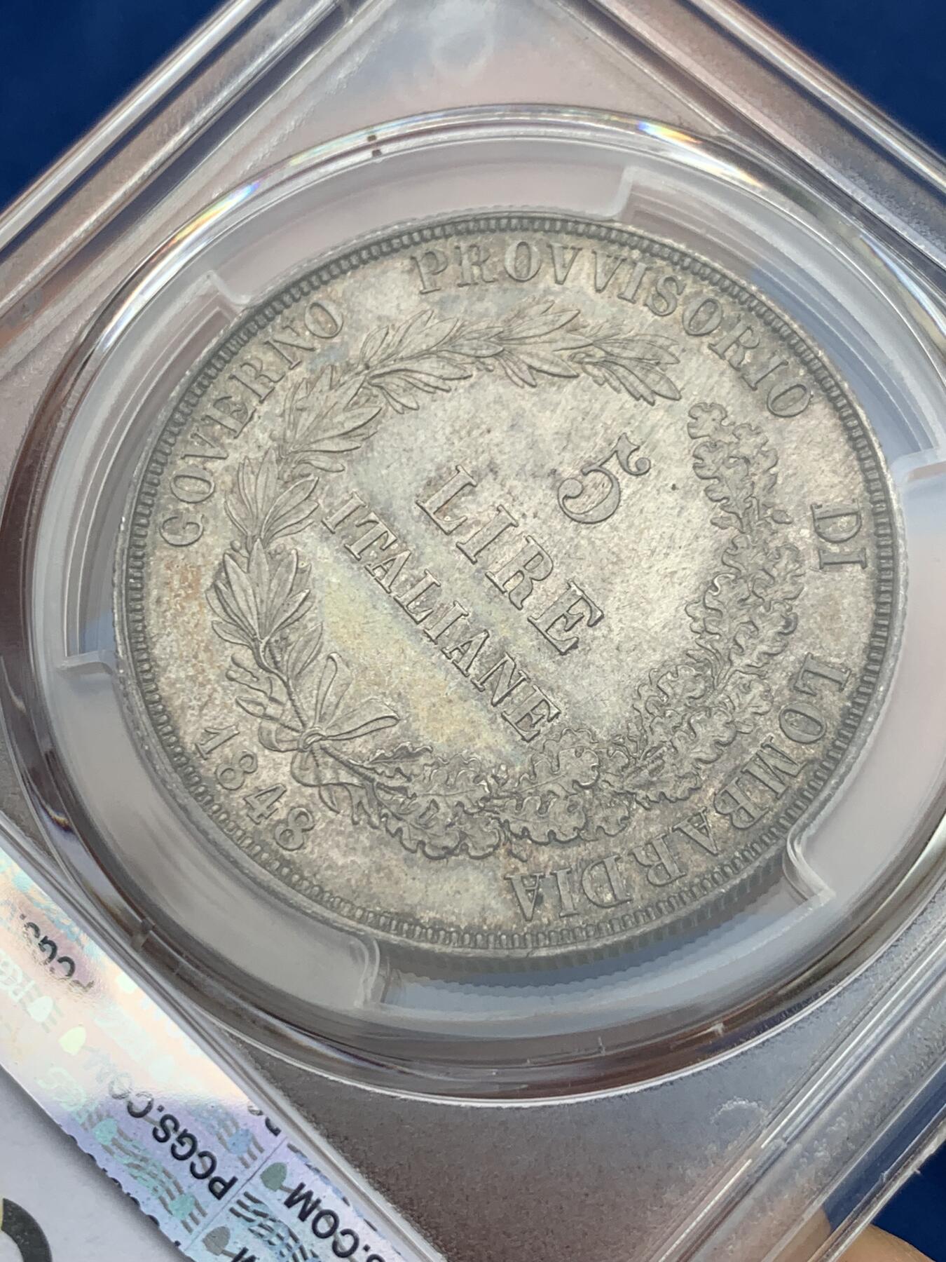 《竞宝斋》第280场- 周日，周一 ，周二3场连拍 （全场包邮） PCGS MS63 意大利1848伦巴底临时政府单年份5里拉银币 五彩包浆十分舒服有精致的地板 细节到位没有减重