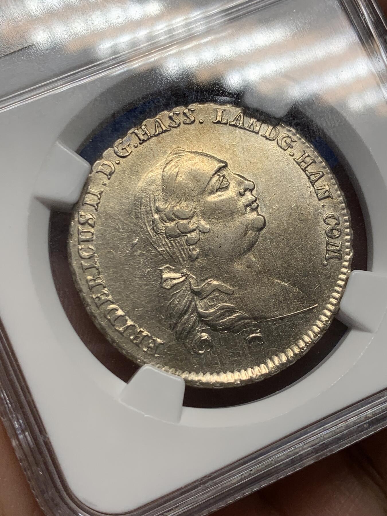 《竞宝斋》第280场- 周日，周一 ，周二3场连拍 （全场包邮） 亚军分！NGC AU58 德国 1767年 黑森卡塞尔 2/3泰勒银币 这个品种太少见了！