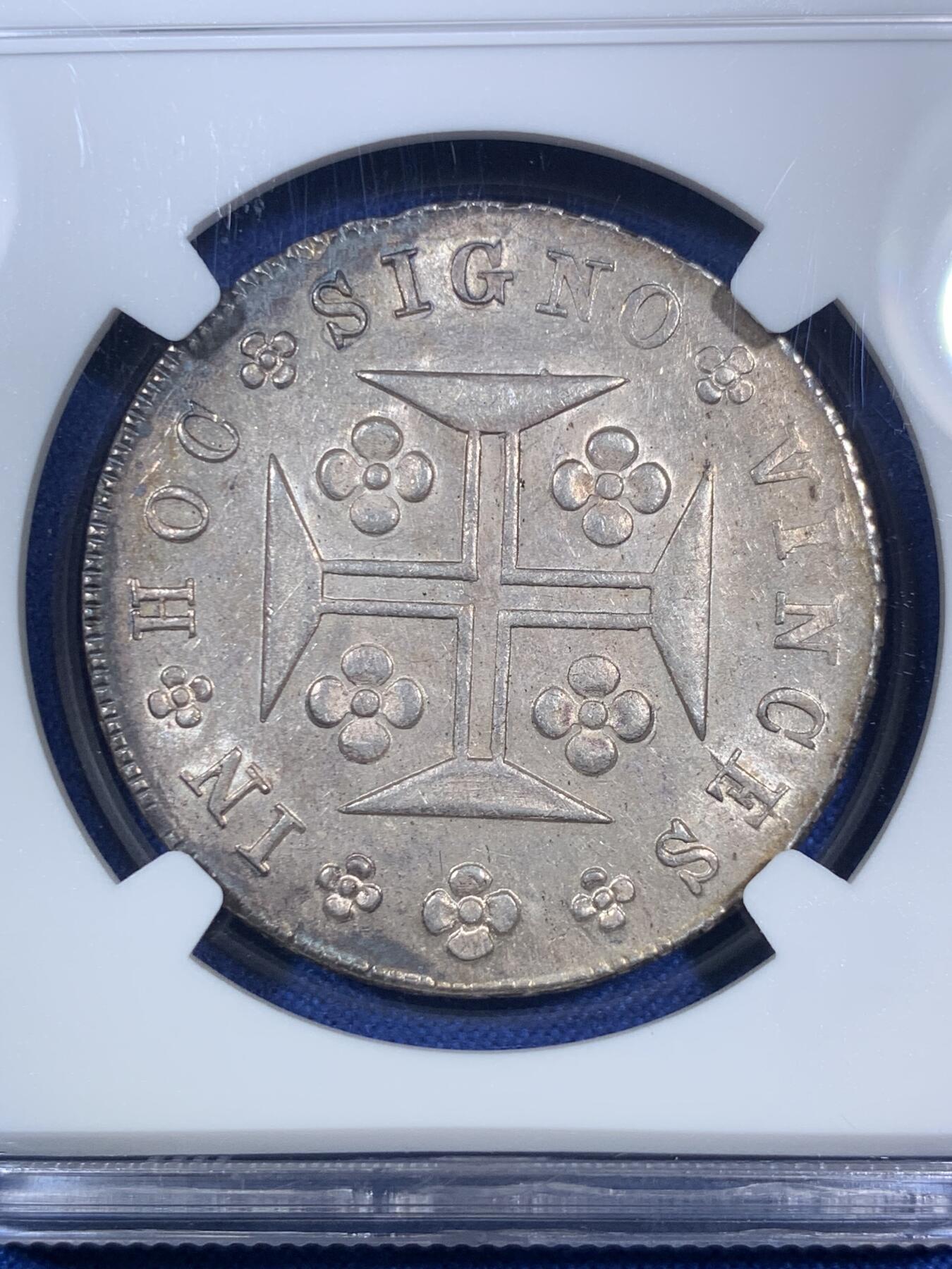 《竞宝斋》第280场- 周日，周一 ，周二3场连拍 （全场包邮） NGC MS62 葡萄牙1836年玛丽二世400R十字银币 淡金彩底板