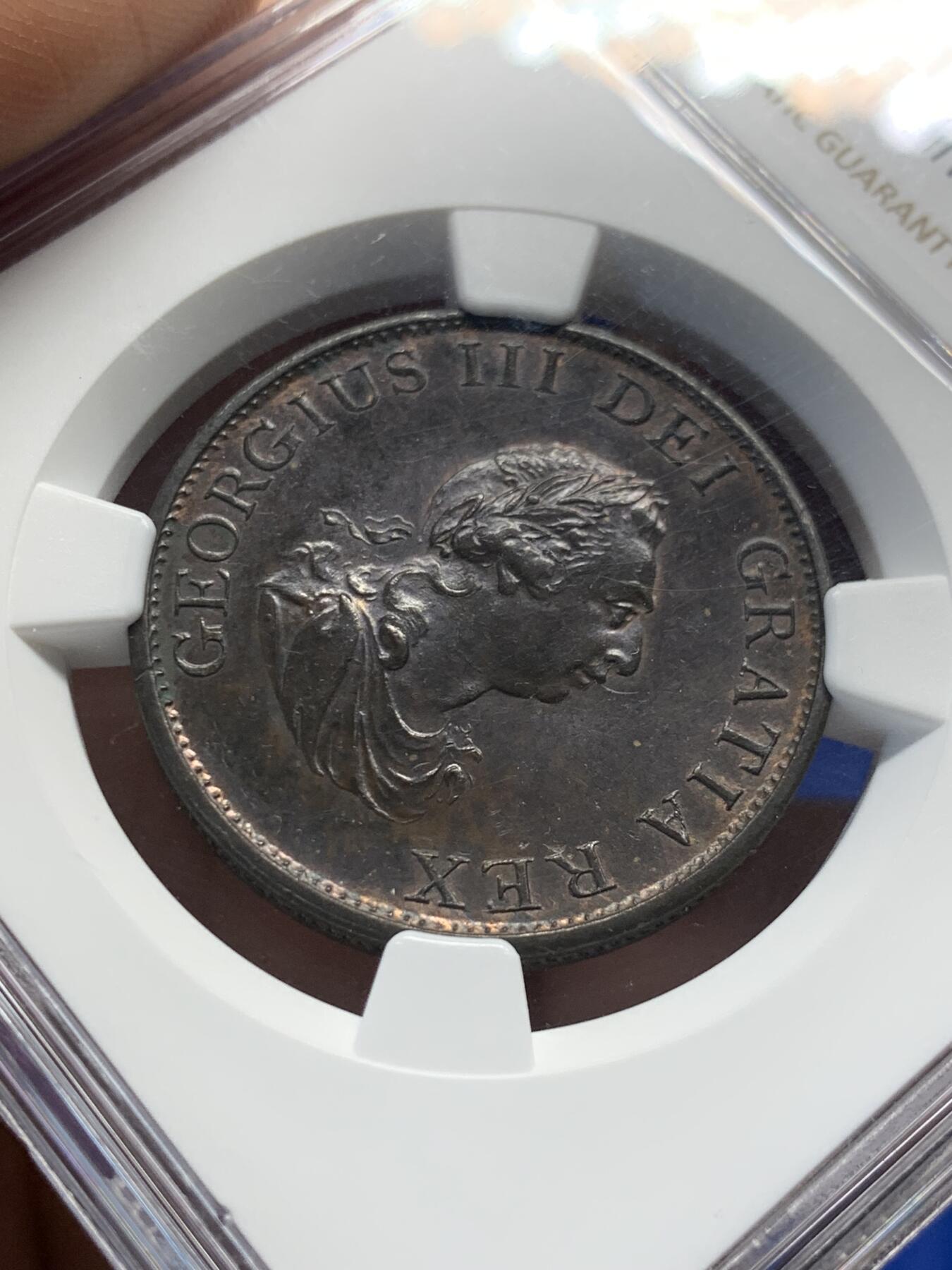 《竞宝斋》第280场- 周日，周一 ，周二3场连拍 （全场包邮） NGC MS63BN 英国1799乔治三世半便士铜币 丝滑黑巧克力，包浆均匀，高点优秀，同分中的好状态。年初SBP拍卖64分含佣合人民币1738元成交