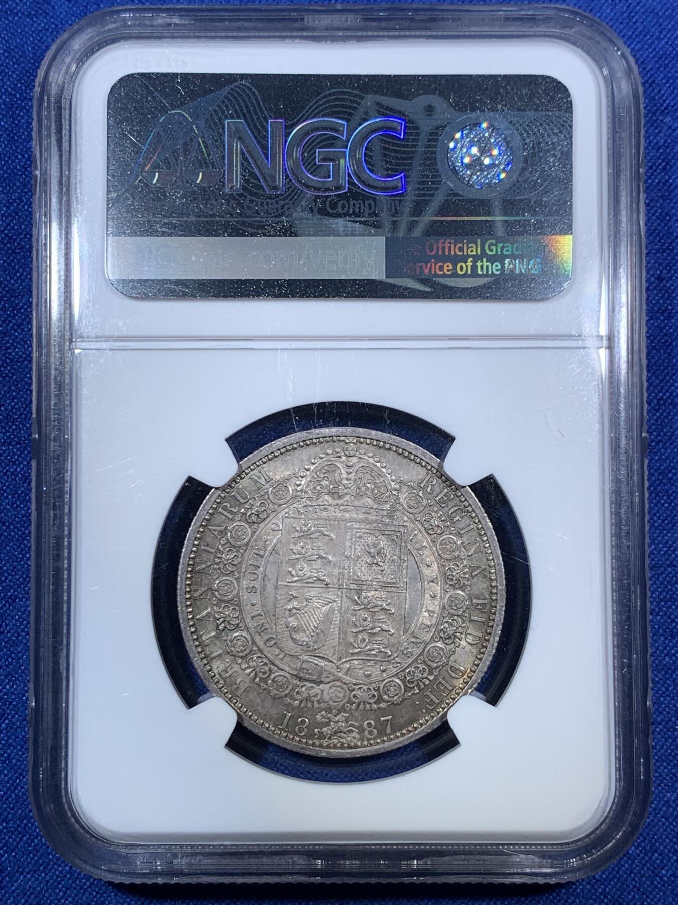 《竞宝斋》第280场- 周日，周一 ，周二3场连拍 （全场包邮） NGC MS62 英国1887年维多利亚半克朗银币 欧洲光十分漂亮