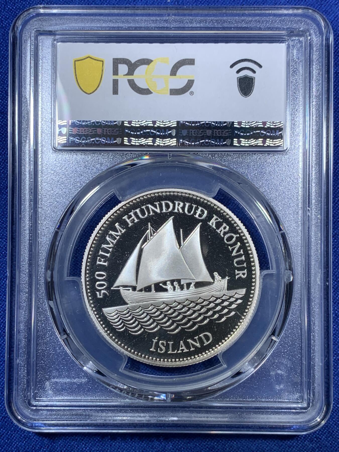 《竞宝斋》第280场- 周日，周一 ，周二3场连拍 （全场包邮） PCGS PR68DCAM 亚军分 冰岛1986年持剑女武神500克朗精铸大银币 精铸少见，国内裸币市价500元。深度镜面，完美状态