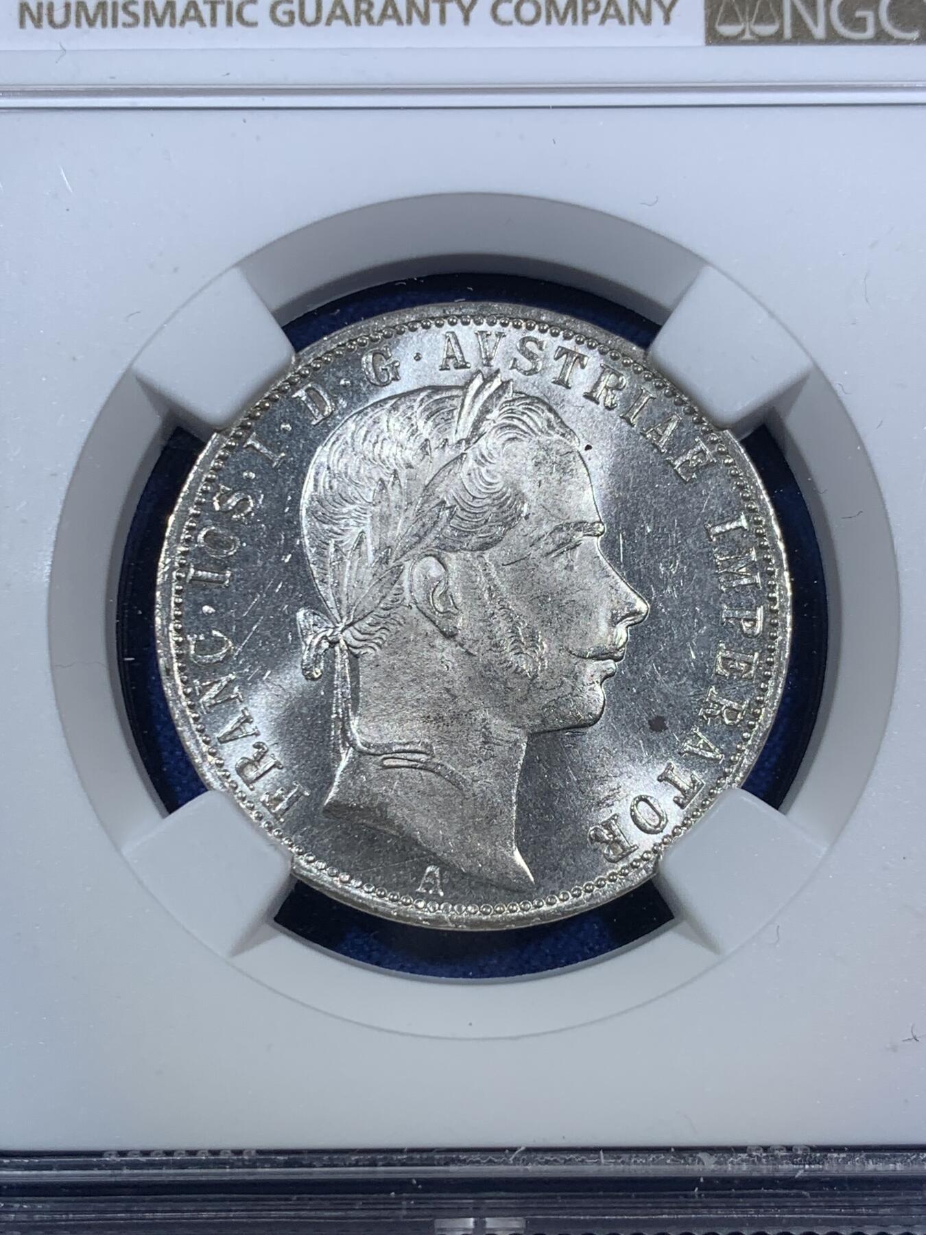 《竞宝斋》第280场- 周日，周一 ，周二3场连拍 （全场包邮） NGC MS65 1861年奥地利弗朗茨一世1弗洛林银币  顶级银霜车轮光，季军分，仅有2枚更高分