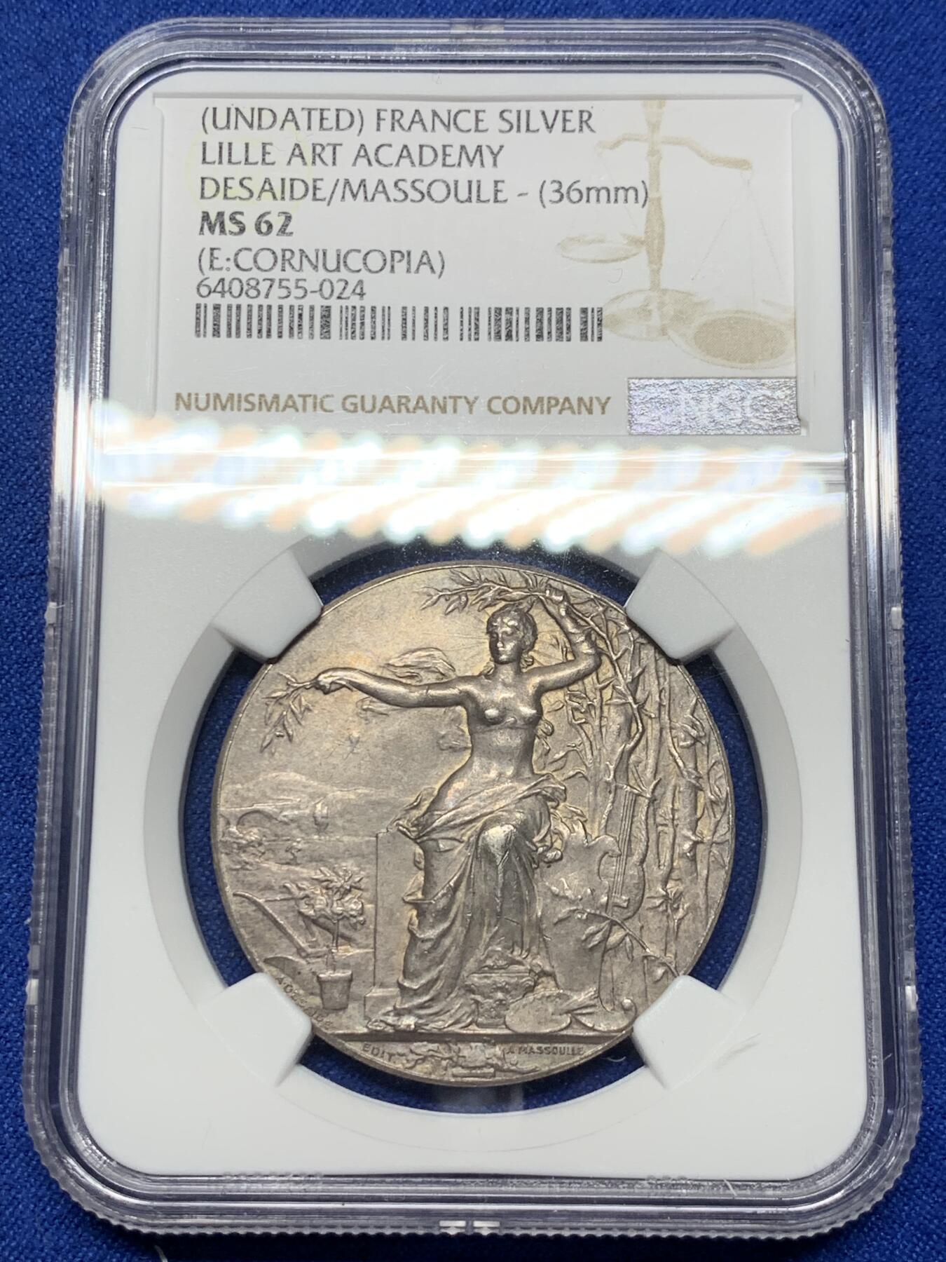 《竞宝斋》第281场- 周日，周一 ，周二3场连拍 （全场包邮） NGC-MS62 法国银代币，里尔艺术学院