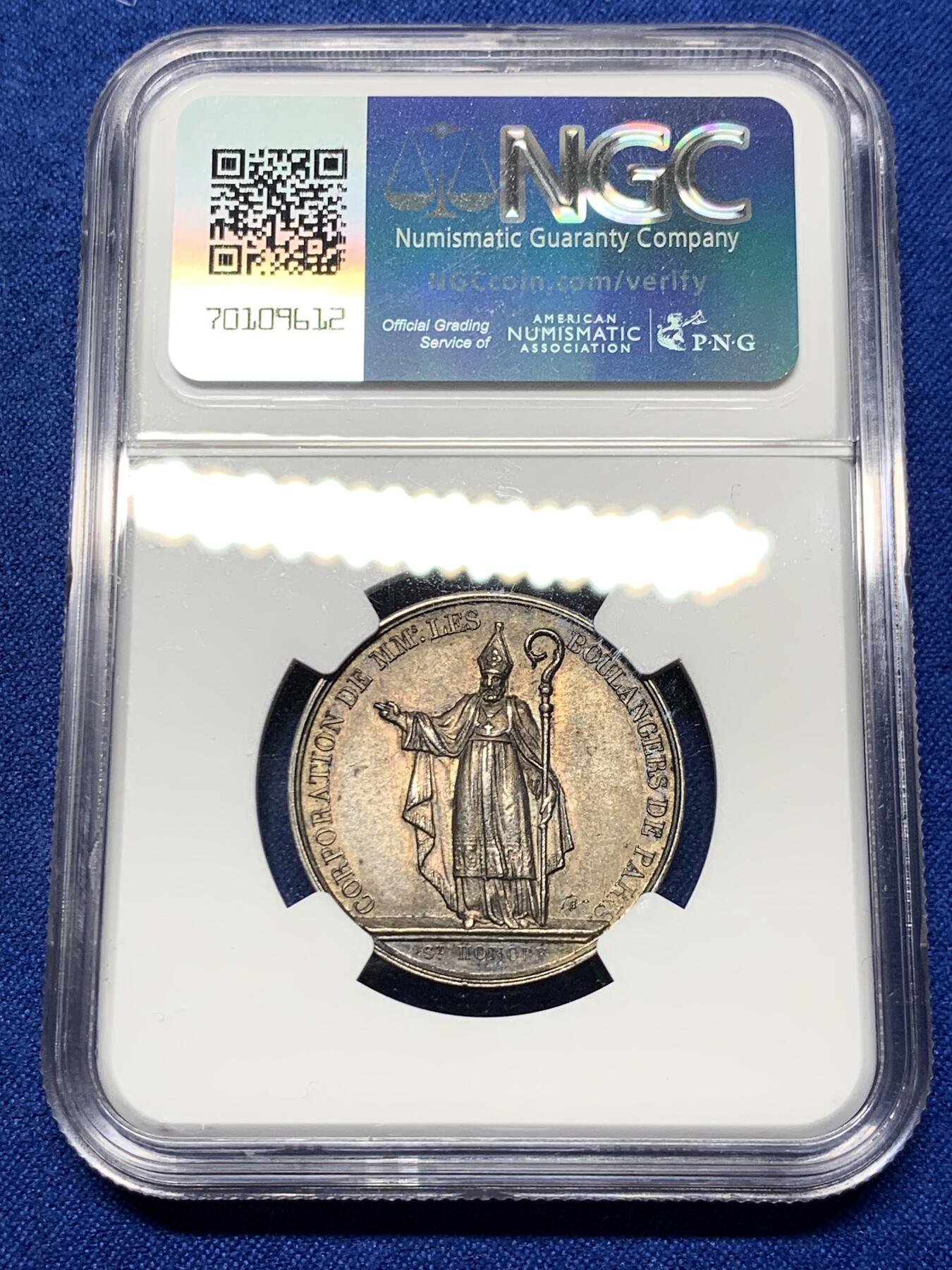 《竞宝斋》第281场- 周日，周一 ，周二3场连拍 （全场包邮） NGC-MS62 法国银代币，路易十八头像巴黎面包店