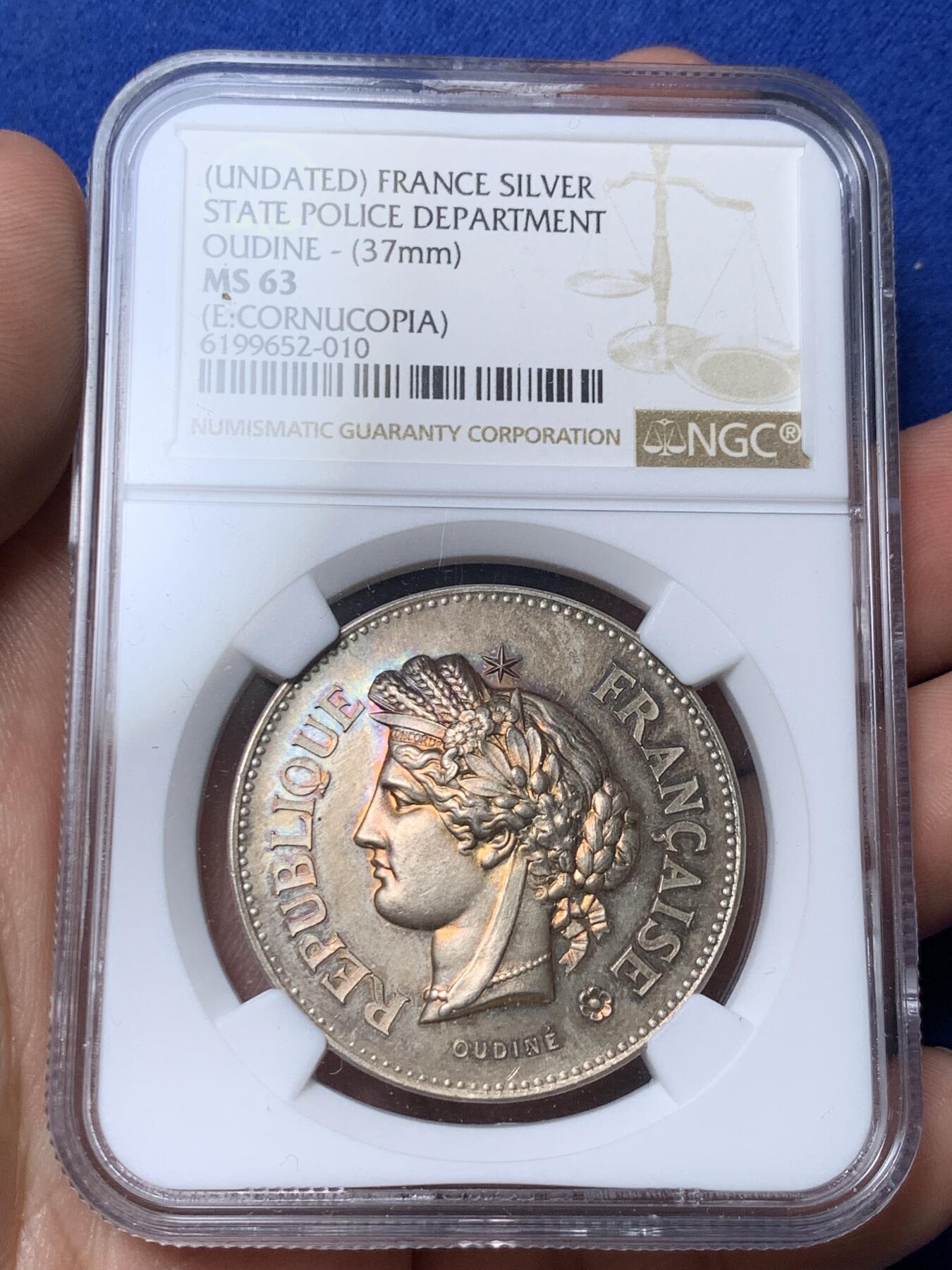 《竞宝斋》第281场- 周日，周一 ，周二3场连拍 （全场包邮） NGC MS63 19世纪末法国谷物女神大银章，诱人金彩包浆，完美状态。37mm直径，尺寸与5法郎主币相当，谷物女神5法郎的完美平替