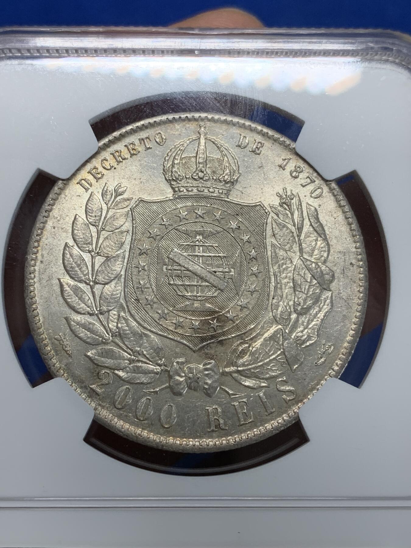 《竞宝斋》第280场- 周日，周一 ，周二3场连拍 （全场包邮） NGC MS63 巴西帝国 1889年 2000R 银币