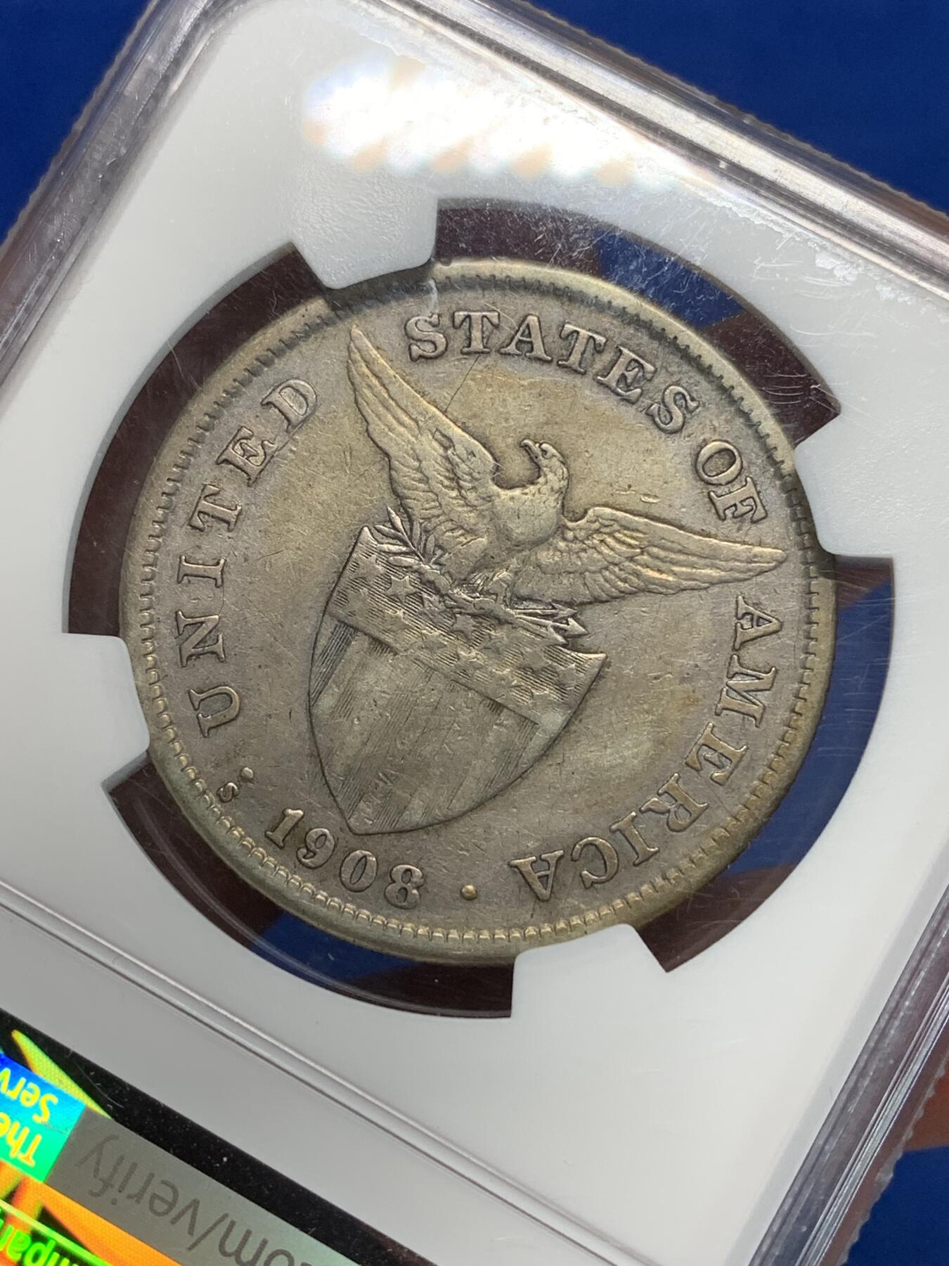 《竞宝斋》第280场- 周日，周一 ，周二3场连拍 （全场包邮） NGC VF35 美属菲律宾 1908年 1比索 打铁女神 银币