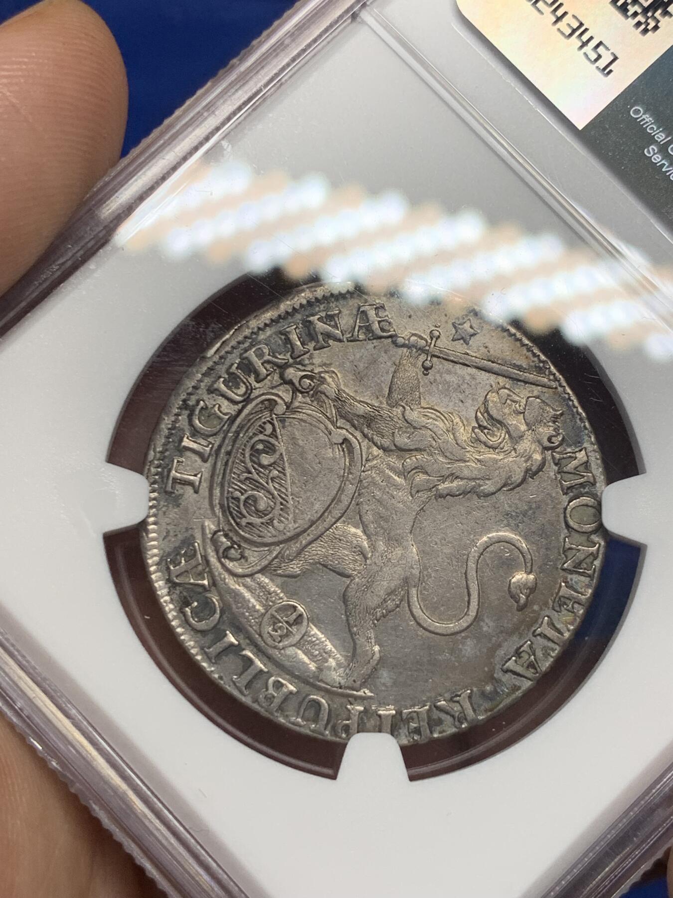 《竞宝斋》第280场- 周日，周一 ，周二3场连拍 （全场包邮） NGC AU53 瑞士1748年苏黎世景观 1/2泰勒银币 正反深打底光好 瑞士景观最近价格上升很快