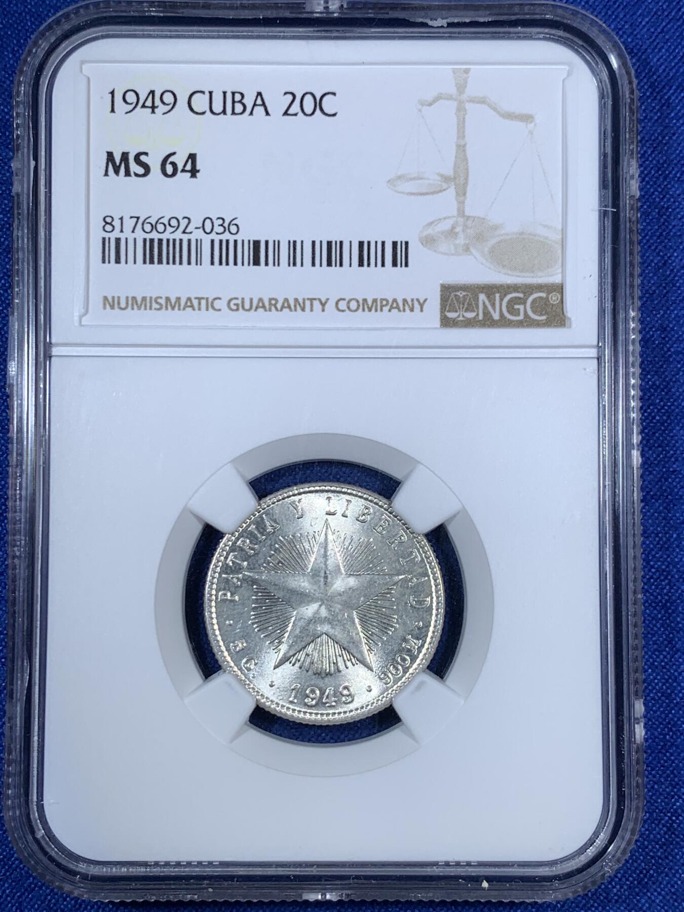 《竞宝斋》第280场- 周日，周一 ，周二3场连拍 （全场包邮） NGC MS64 古巴 1949年 五星 20分银币