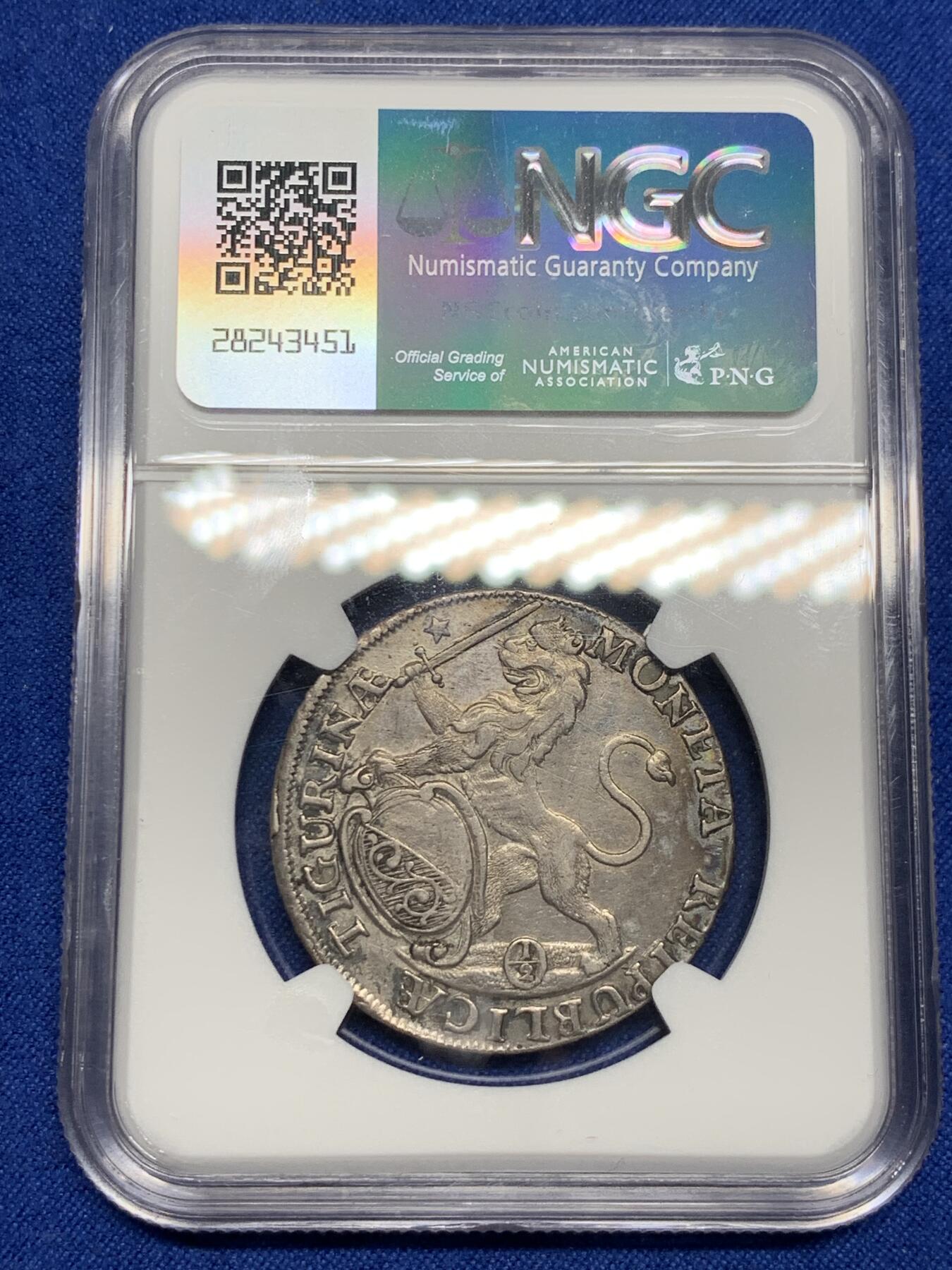 《竞宝斋》第280场- 周日，周一 ，周二3场连拍 （全场包邮） NGC AU53 瑞士1748年苏黎世景观 1/2泰勒银币 正反深打底光好 瑞士景观最近价格上升很快