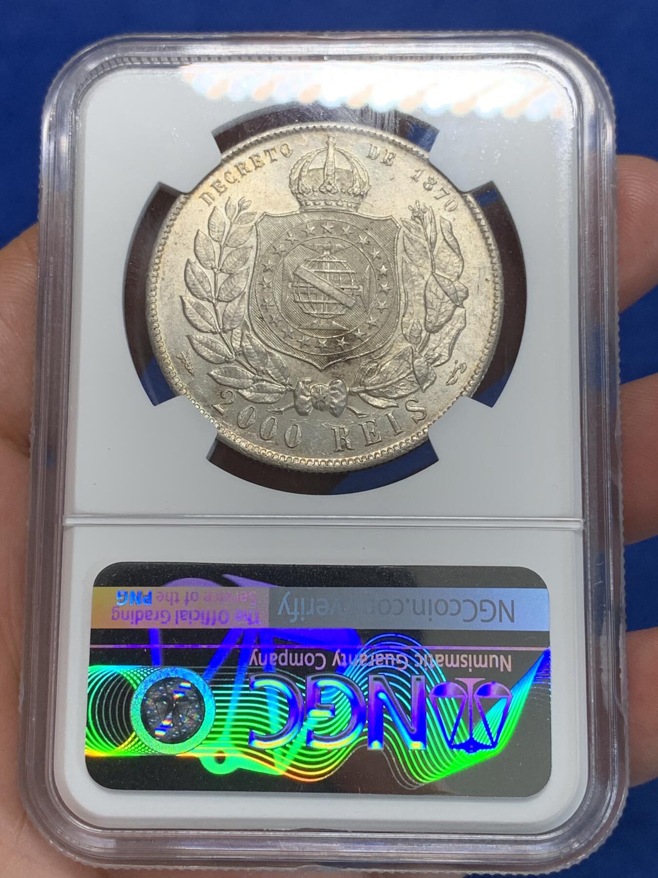 《竞宝斋》第280场- 周日，周一 ，周二3场连拍 （全场包邮） NGC MS63 巴西帝国 1889年 2000R 银币