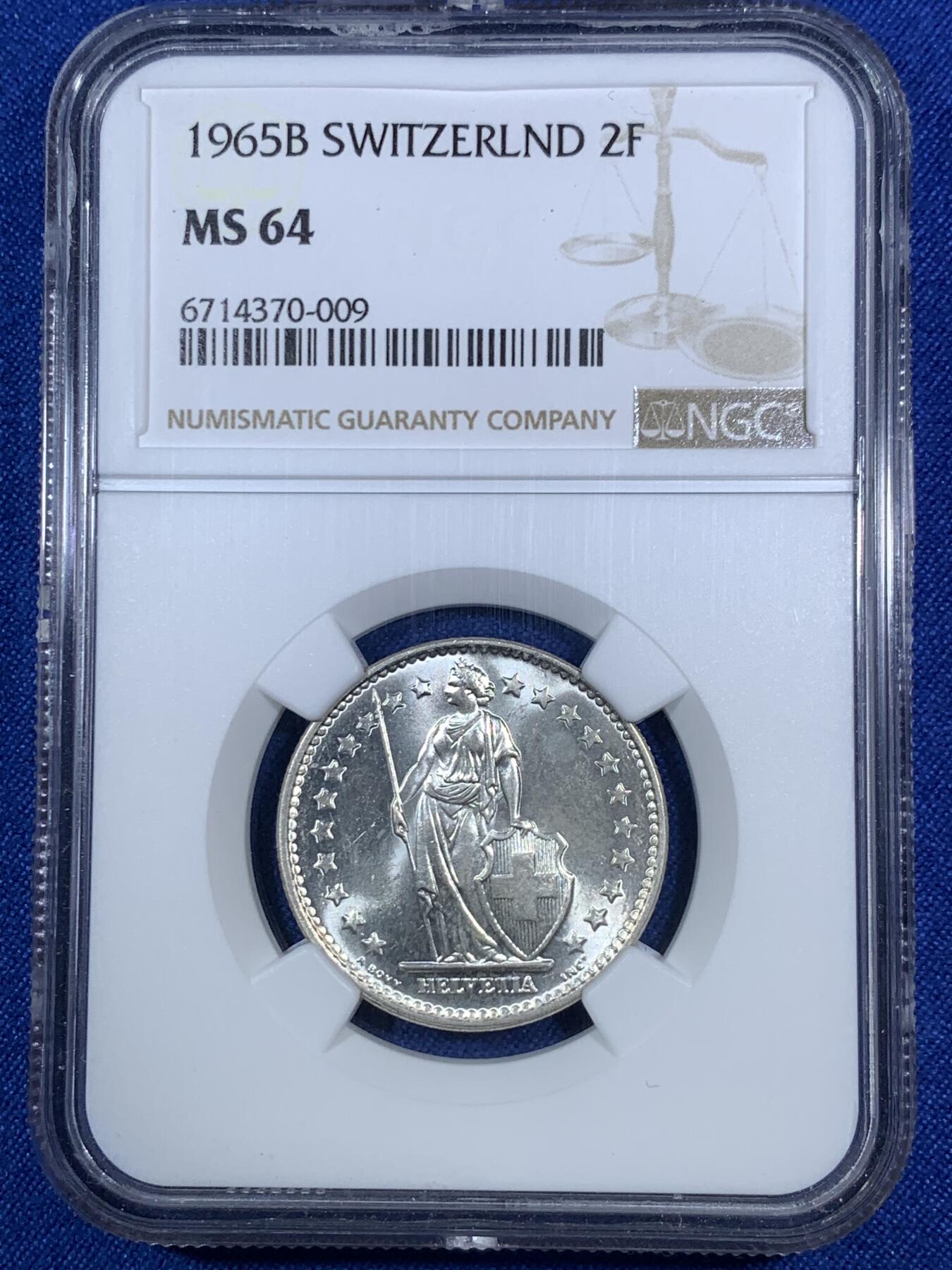 《竞宝斋》第280场- 周日，周一 ，周二3场连拍 （全场包邮） NGC MS64 瑞士1965年赫尔维蒂女神2法郎银币