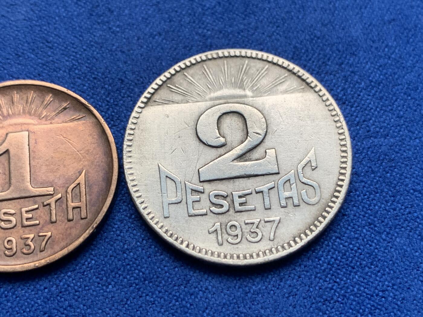 《竞宝斋》第280场- 周日，周一 ，周二3场连拍 （全场包邮） 西班牙1937年内战时期阿斯图里亚斯和莱昂省 1、2比塞塔