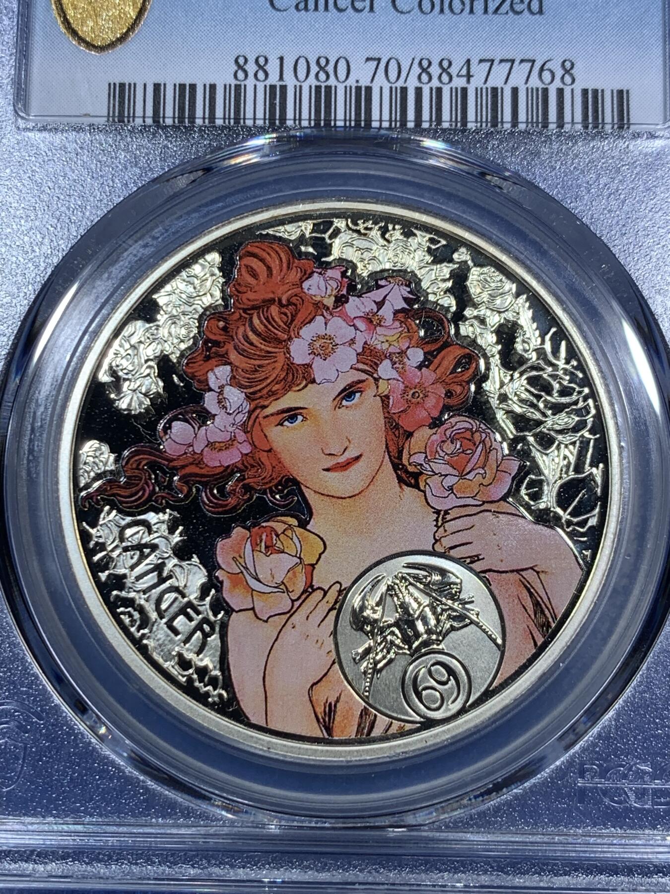 《竞宝斋》第280场- 周日，周一 ，周二3场连拍 （全场包邮） PCGS PR70DCAM 冠军 纽埃2011年十二星座系列 巨蟹座 慕夏美女精铸银币 发行量1万 设计优美 单枚裸币价500-600+  70完美满分 尤其难得