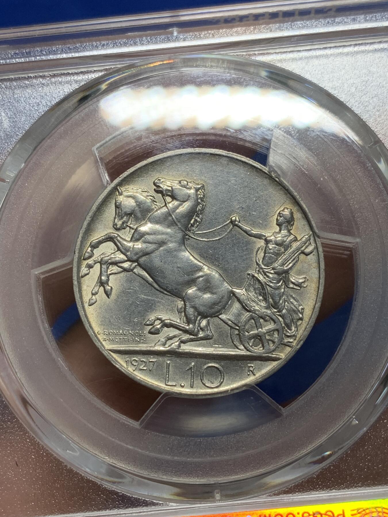 《竞宝斋》第280场- 周日，周一 ，周二3场连拍 （全场包邮） PCGS MS62 意大利1927年马车10里拉银币 币面带光不错