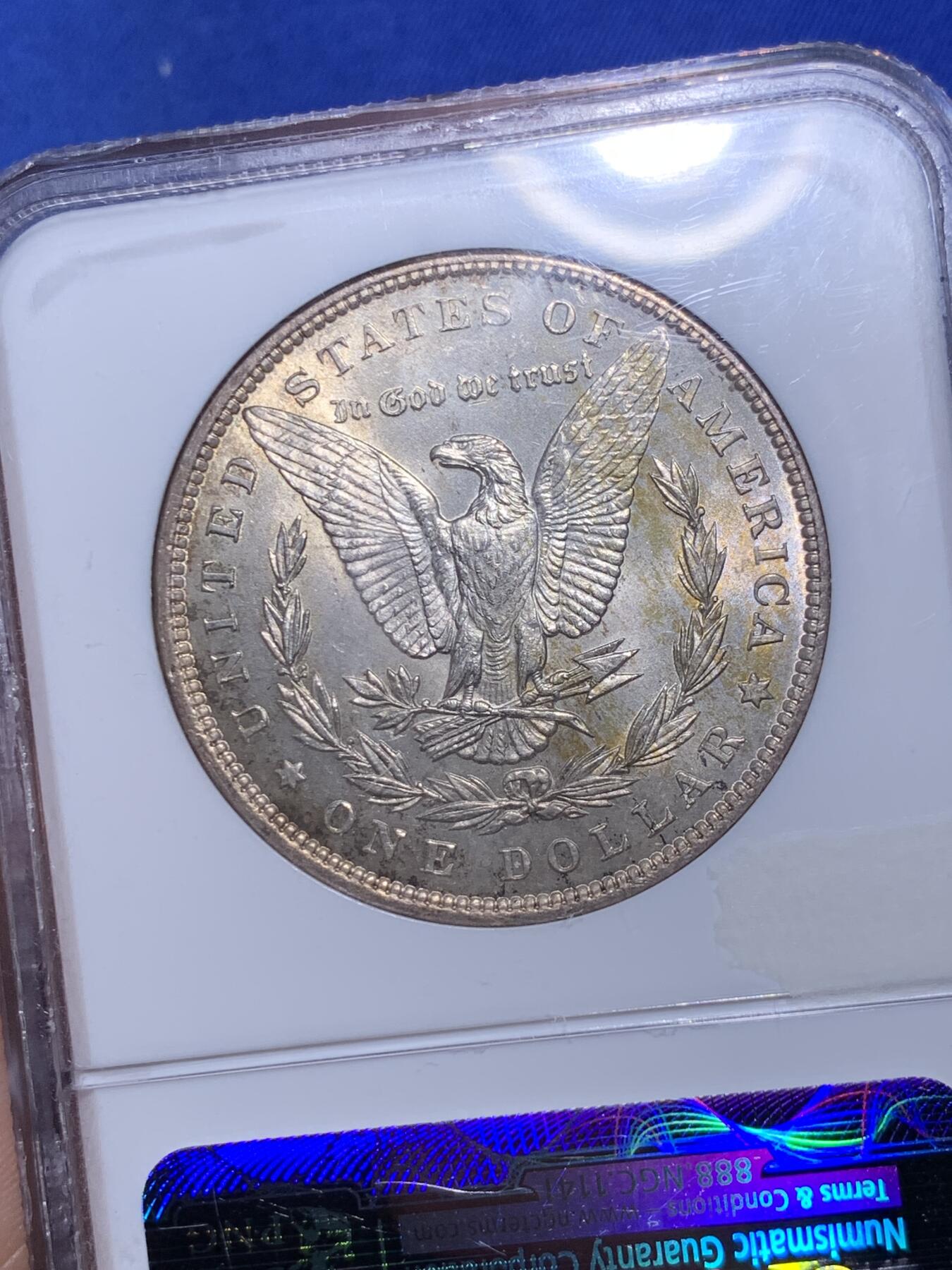 《竞宝斋》第280场- 周日，周一 ，周二3场连拍 （全场包邮） NGC MS62 美国1896年摩根银币P版 原汁原味老包浆，包浆醇厚，打制精美，N盒经典老白盒严评无官网图，状态和品质绝对不输现在的63分。