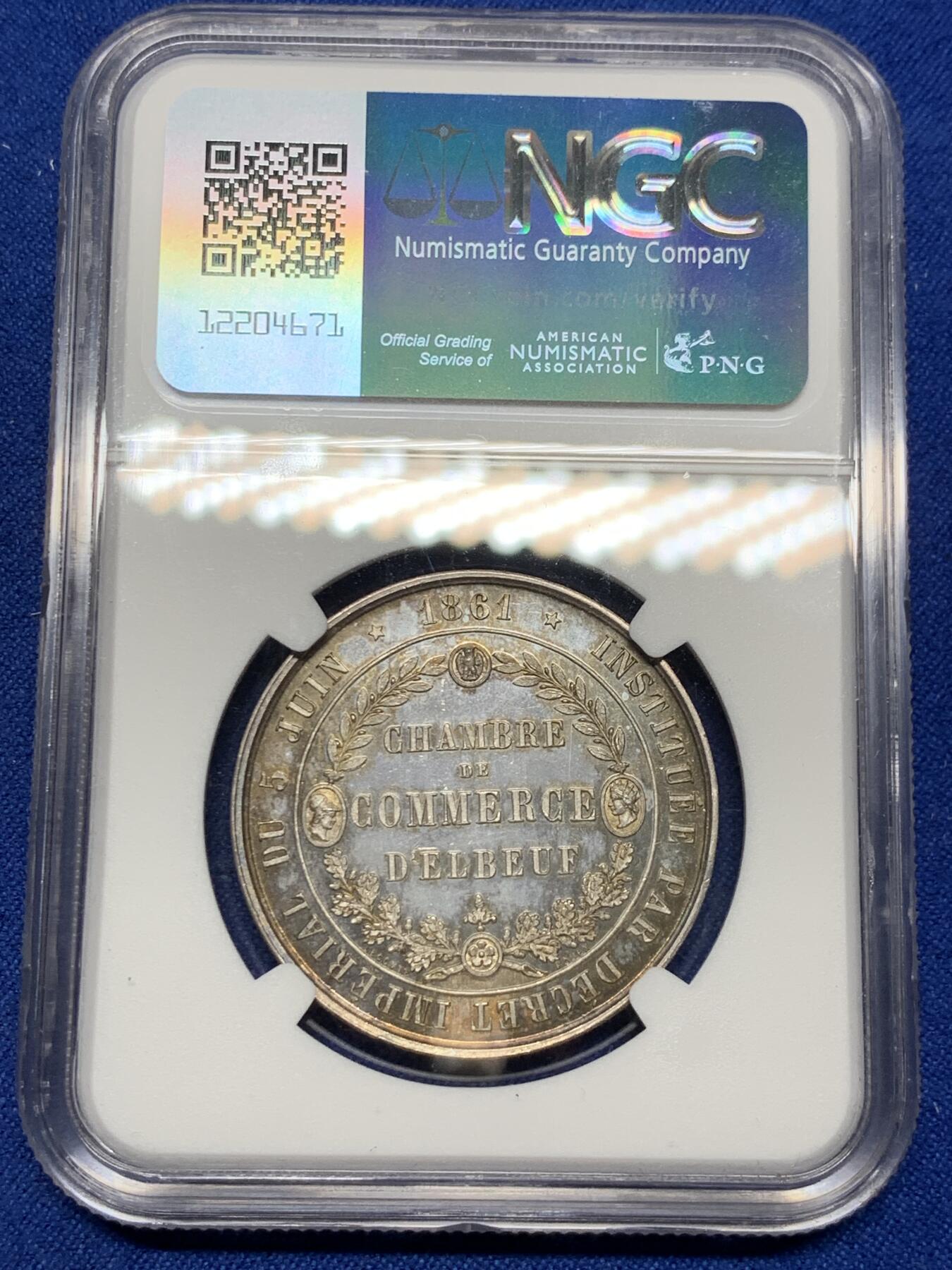 《竞宝斋》第281场- 周日，周一 ，周二3场连拍 （全场包邮） NGC-MS65 法国埃尔伯夫商会银质jeton，五彩包浆