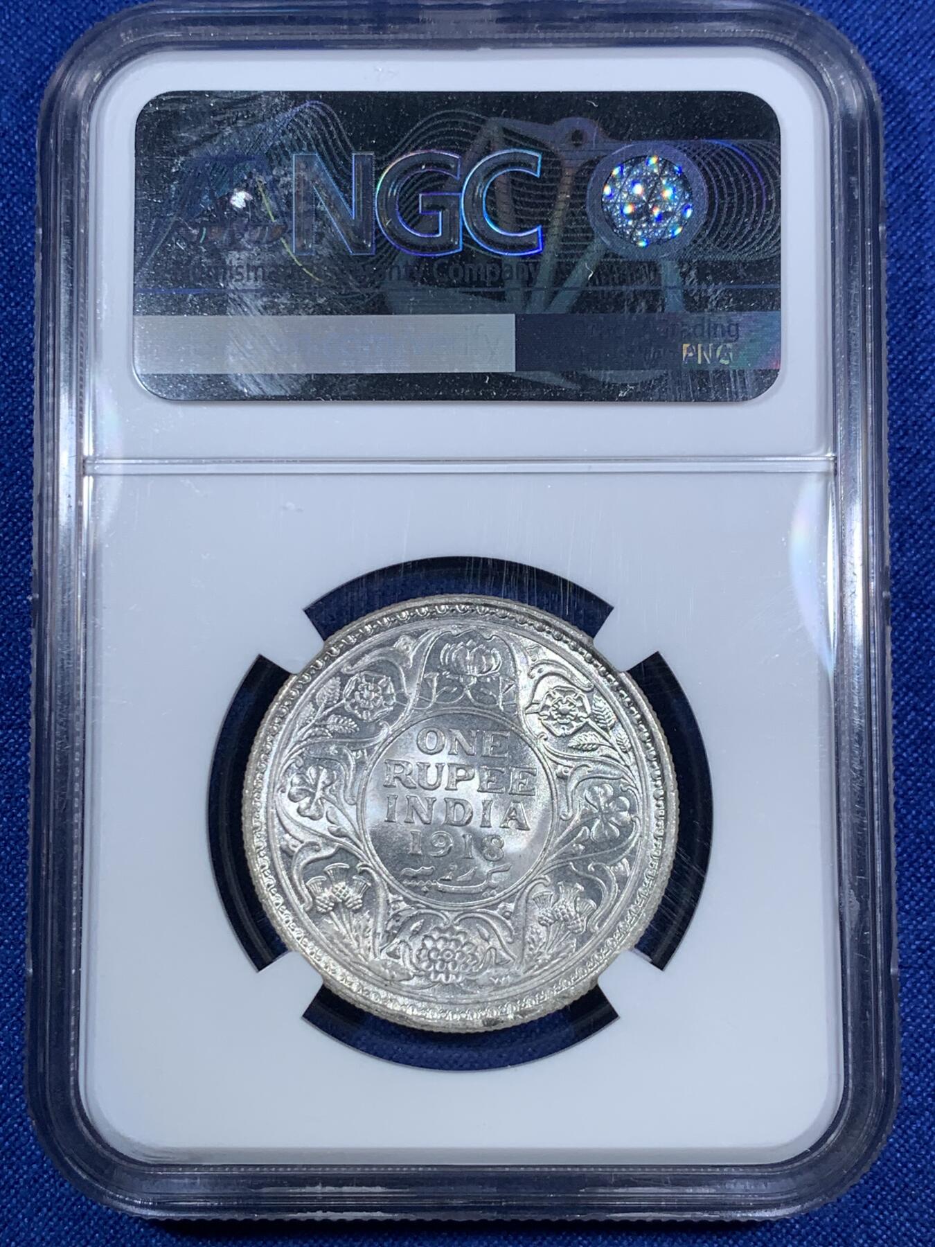 《竞宝斋》第280场- 周日，周一 ，周二3场连拍 （全场包邮） NGC MS62 英属印度 1918年 C版 乔五 1卢比银币