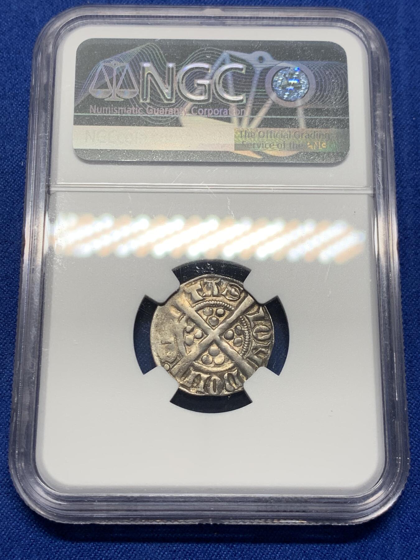 《竞宝斋》第280场- 周日，周一 ，周二3场连拍 （全场包邮） NGC VF25 英国 1272-1307  爱德华一世 1便士银币 整体透打 少见品种