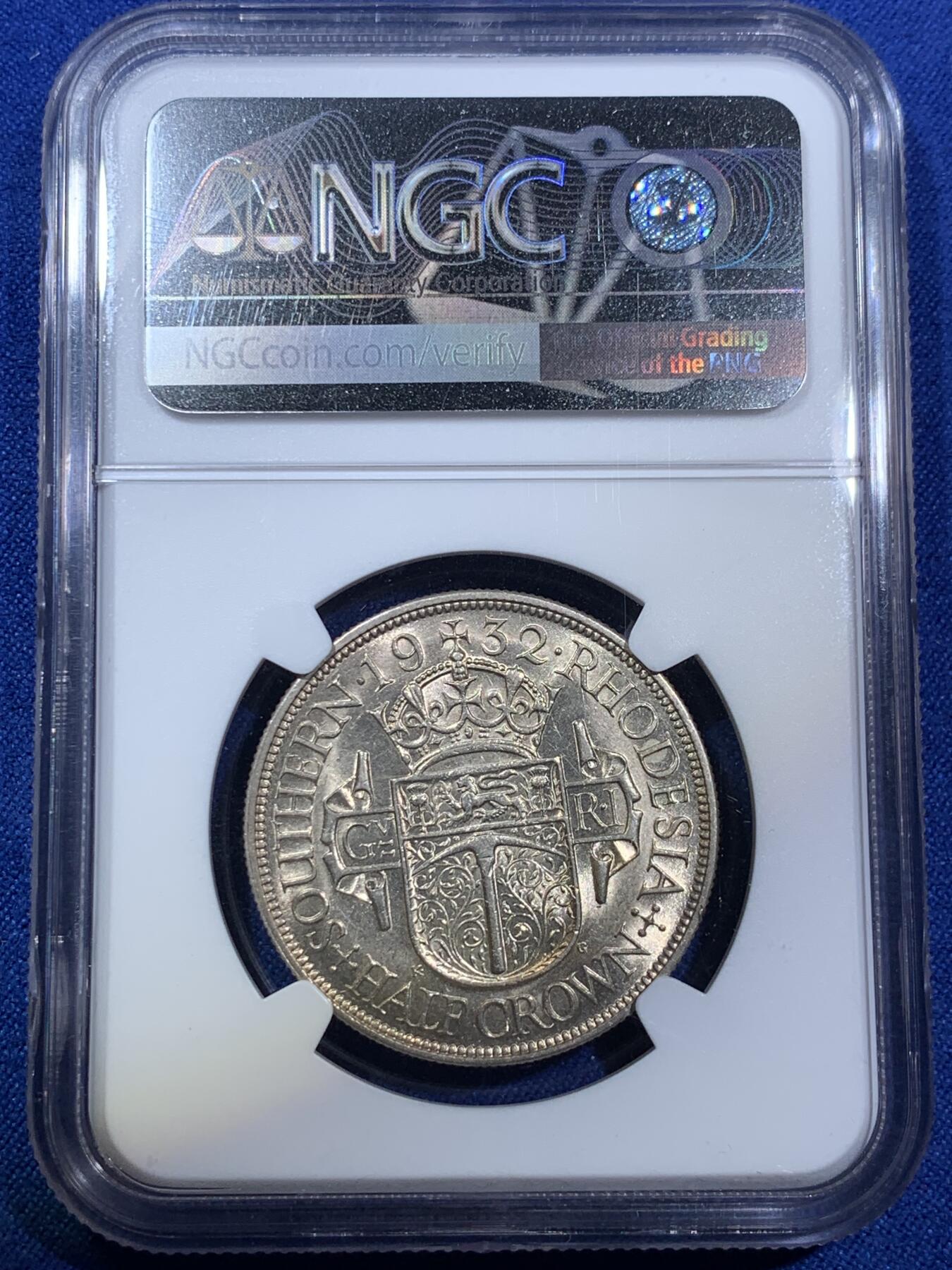 《竞宝斋》第280场- 周日，周一 ，周二3场连拍 （全场包邮） NGC MS62 南罗德西亚 半克朗银币 少见品种