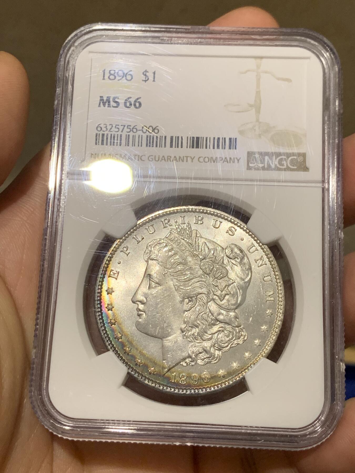 《竞宝斋》第280场- 周日，周一 ，周二3场连拍 （全场包邮） NGC MS66 美国 1896年 摩根银币 淡月牙彩 状态极佳