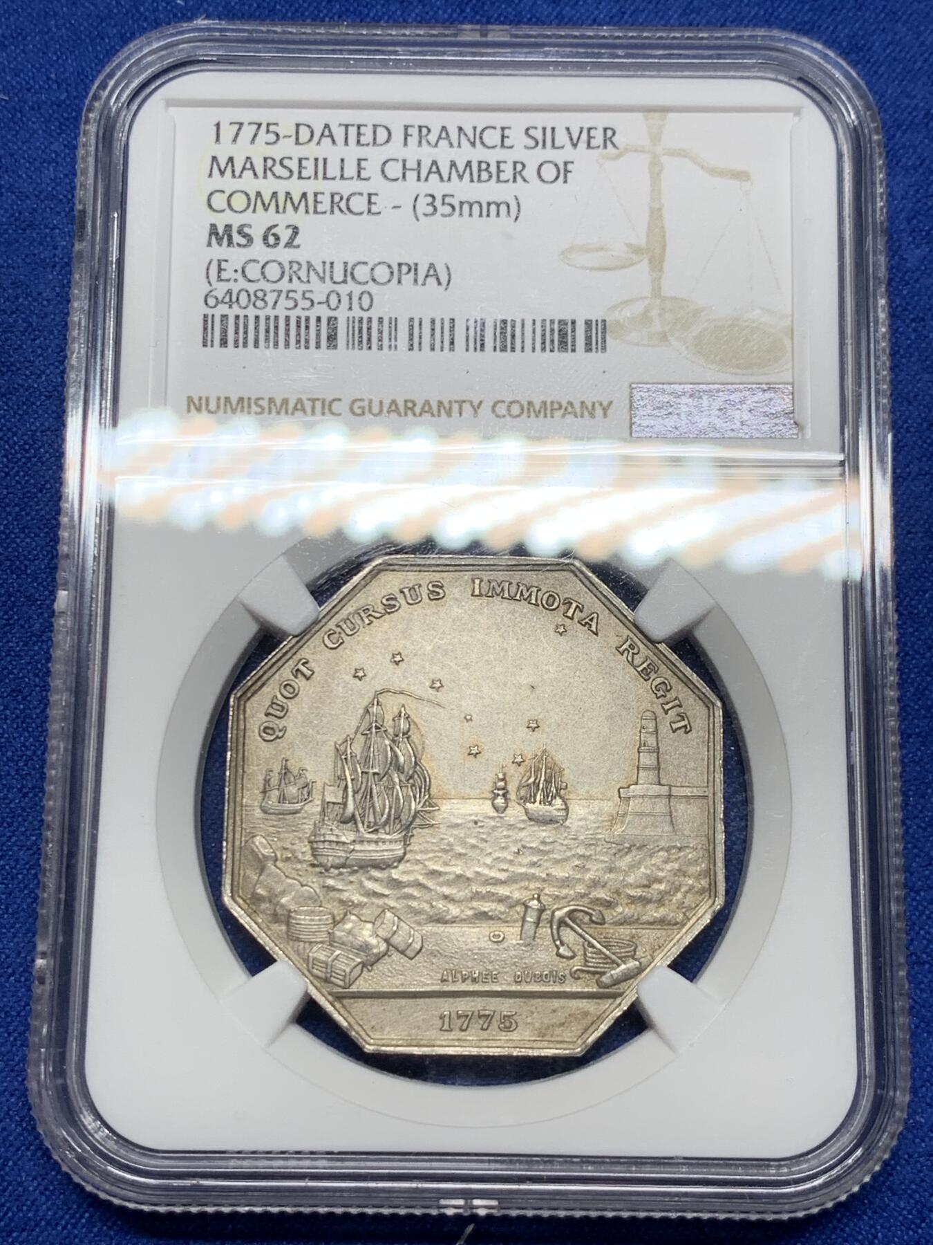 《竞宝斋》第281场- 周日，周一 ，周二3场连拍 （全场包邮） NGC-MS62 法国八角银质代币，马赛商会