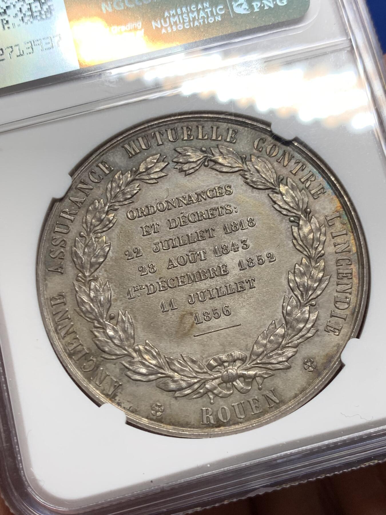 《竞宝斋》第281场- 周日，周一 ，周二3场连拍 （全场包邮） NGC-MS63 法国银章，凤凰保险公司