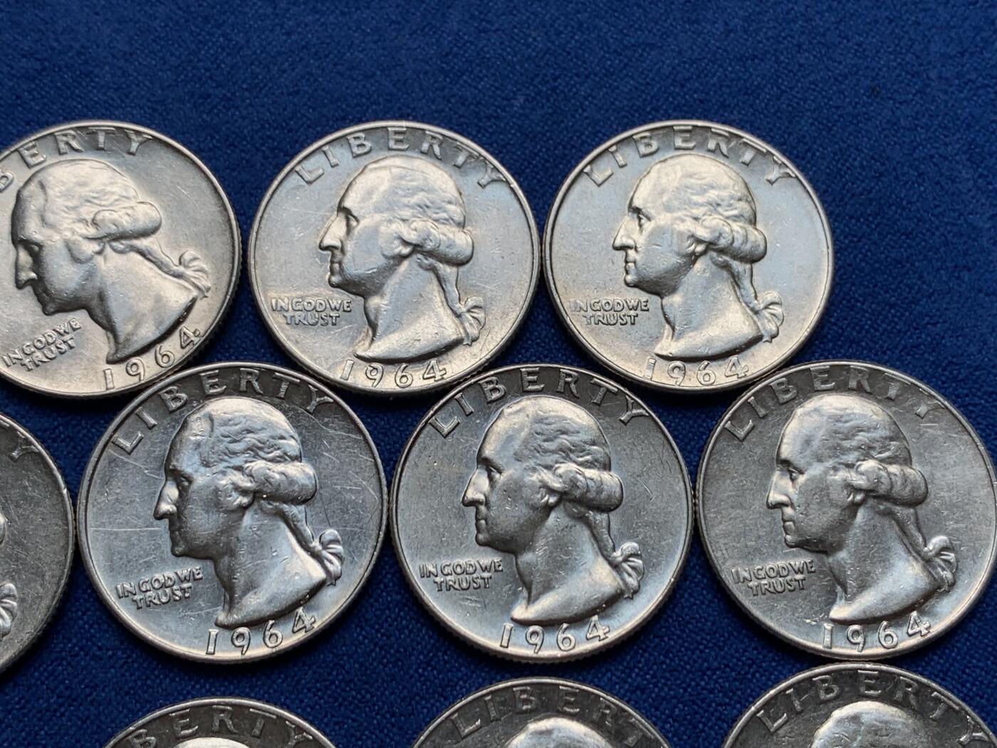 《竞宝斋》第280场- 周日，周一 ，周二3场连拍 （全场包邮） 14枚一组 1964年美国华盛顿25美分银币 重6.25克 900银 合计纯银78.75克