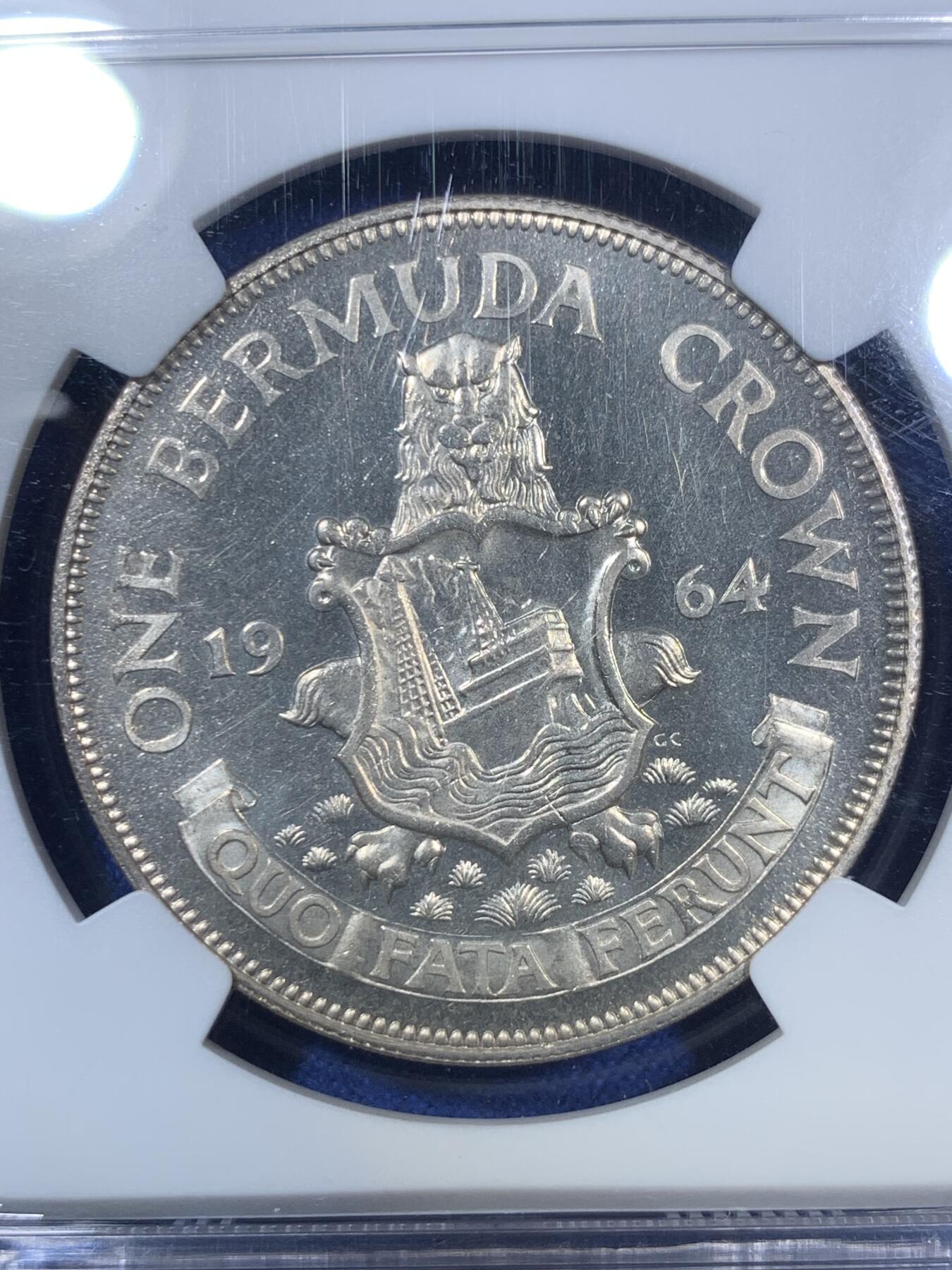 《竞宝斋》第280场- 周日，周一 ，周二3场连拍 （全场包邮） NGC PF63 百慕大群岛1964年1克朗 少见精制银币