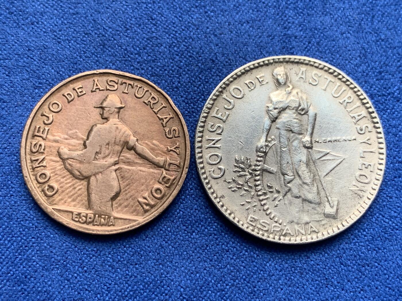 《竞宝斋》第280场- 周日，周一 ，周二3场连拍 （全场包邮） 西班牙1937年内战时期阿斯图里亚斯和莱昂省 1、2比塞塔