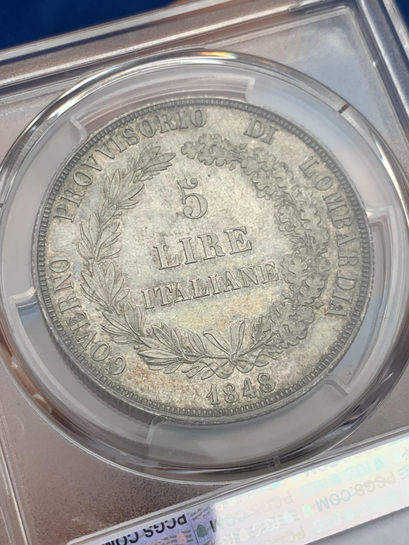 《竞宝斋》第280场- 周日，周一 ，周二3场连拍 （全场包邮） PCGS MS63 意大利1848伦巴底临时政府单年份5里拉银币 五彩包浆十分舒服有精致的地板 细节到位没有减重