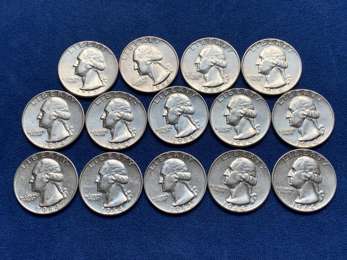 《竞宝斋》第280场- 周日，周一 ，周二3场连拍 （全场包邮） 14枚一组 1964年美国华盛顿25美分银币 重6.25克 900银 合计纯银78.75克