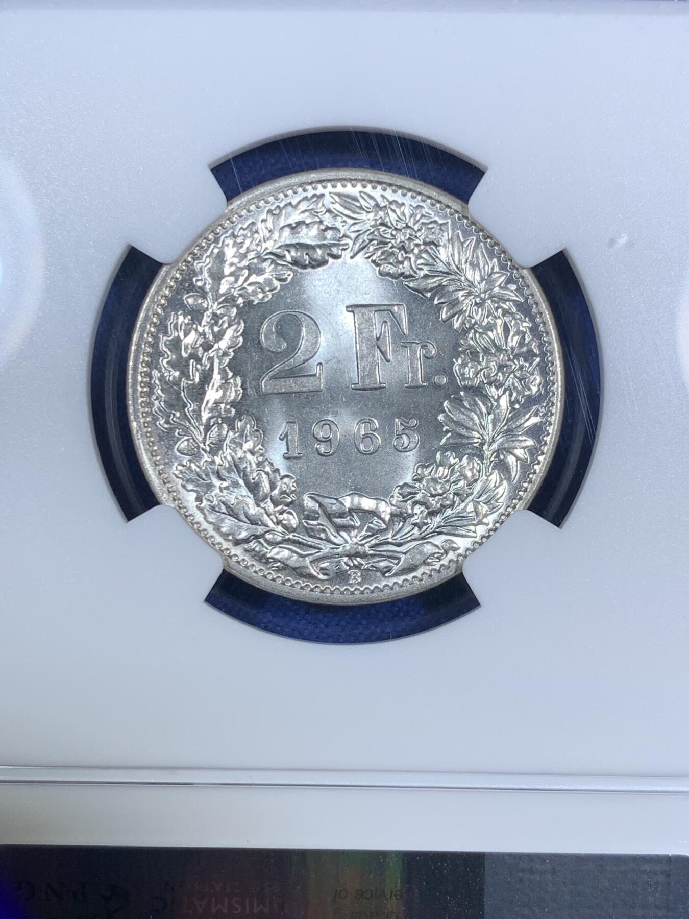 《竞宝斋》第280场- 周日，周一 ，周二3场连拍 （全场包邮） NGC MS64 瑞士1965年赫尔维蒂女神2法郎银币