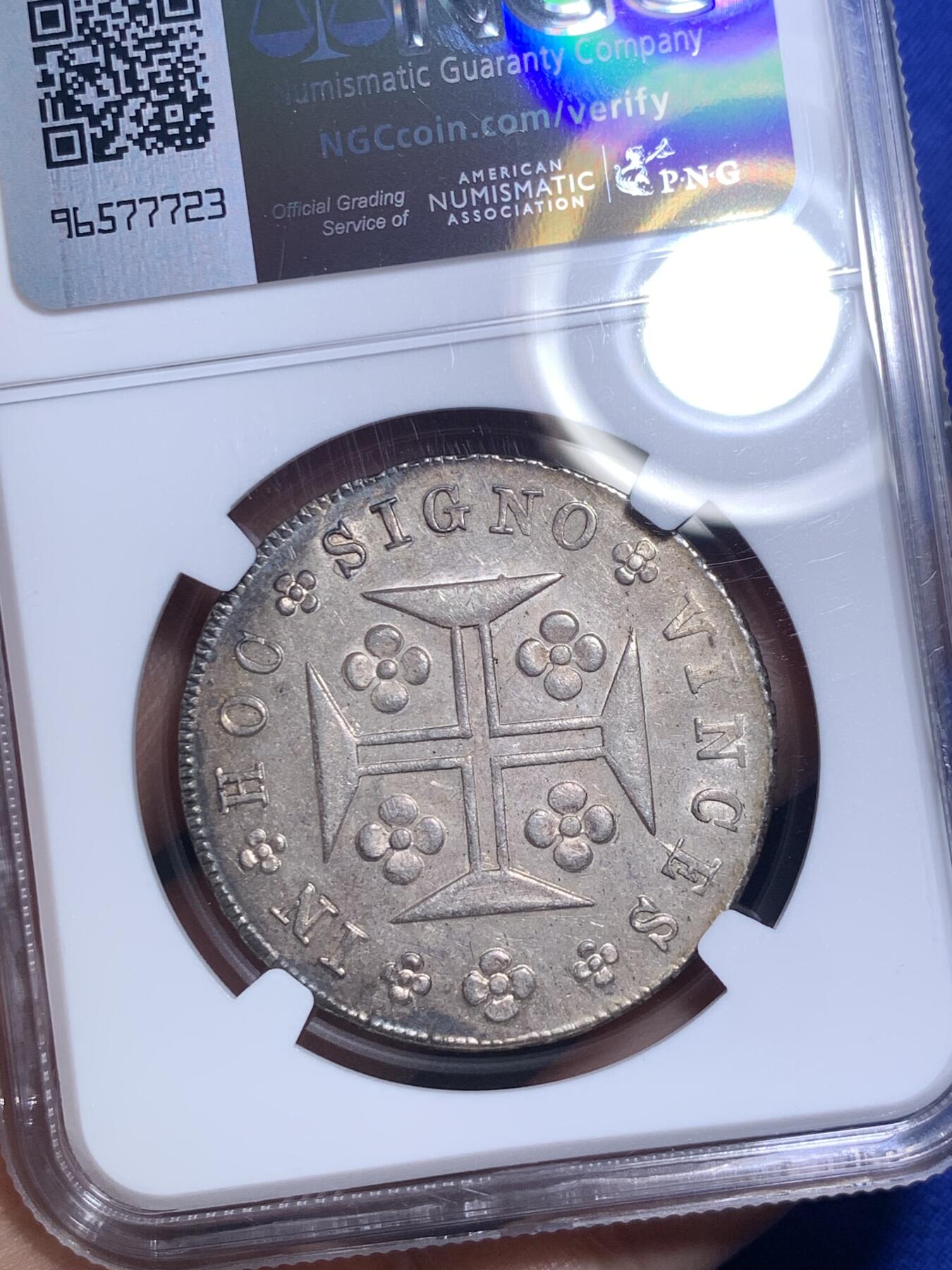 《竞宝斋》第280场- 周日，周一 ，周二3场连拍 （全场包邮） NGC MS62 葡萄牙1836年玛丽二世400R十字银币 淡金彩底板