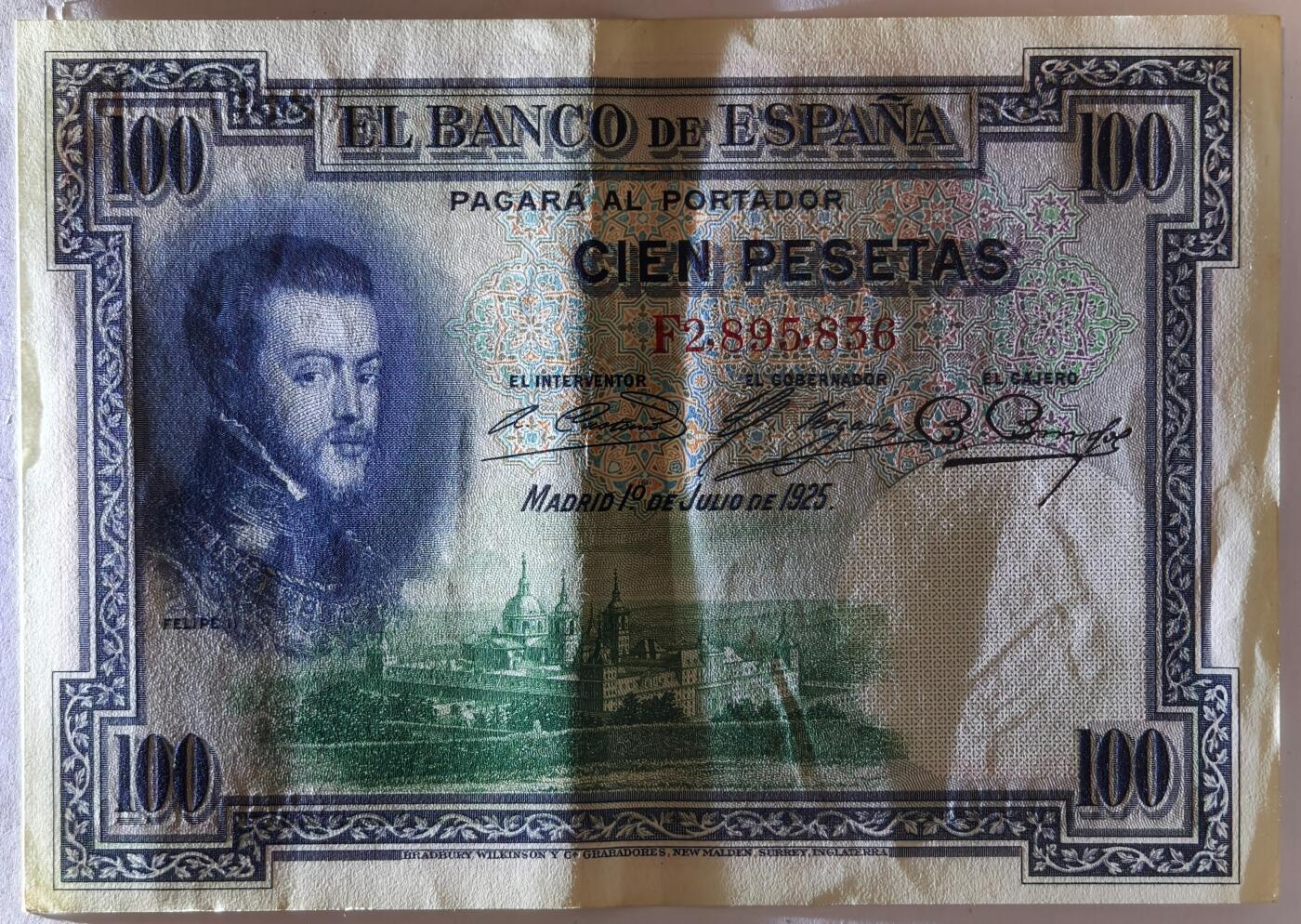 紫瑗钱币——第381期拍卖——纸币场 西班牙 1925年 油画《腓力二世的座椅》 100比塞塔 AU (P-69c)