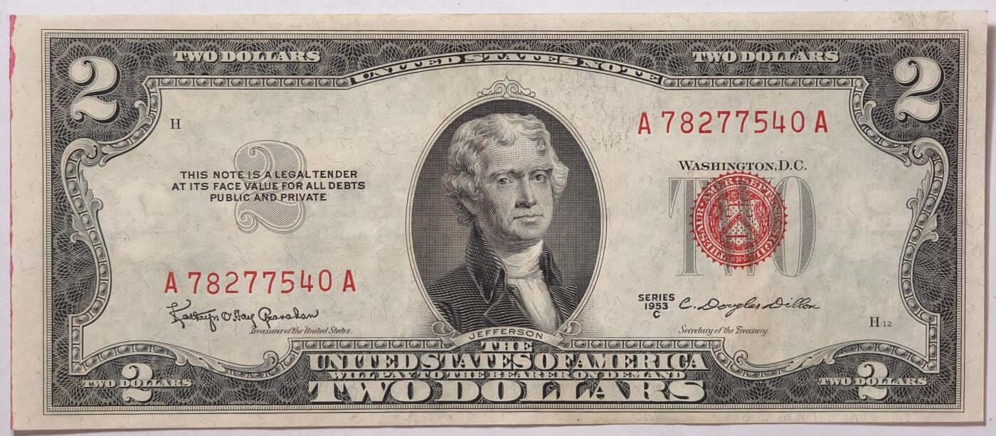 紫瑗钱币——第381期拍卖——纸币场 美国 1953年 C序列 托马斯·杰斐逊 2美元 红印 D政府券 AU