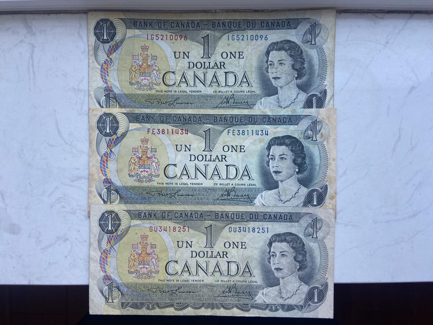 【炜奕收藏】裸钞专场第八期 加拿大景版1元纸币3张一组，流通品相