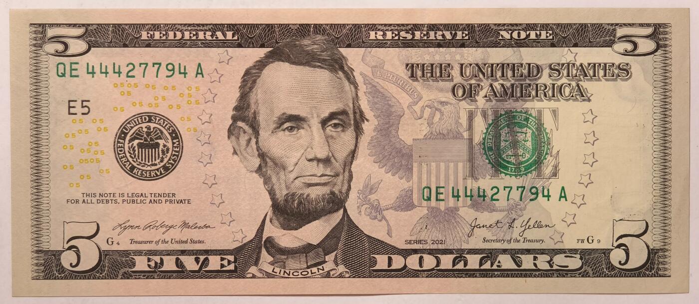紫瑗钱币——第367期拍卖——纸币场 美国 2021年 E版 无序列 亚伯拉罕·林肯 5美元 彩色版 UNC-