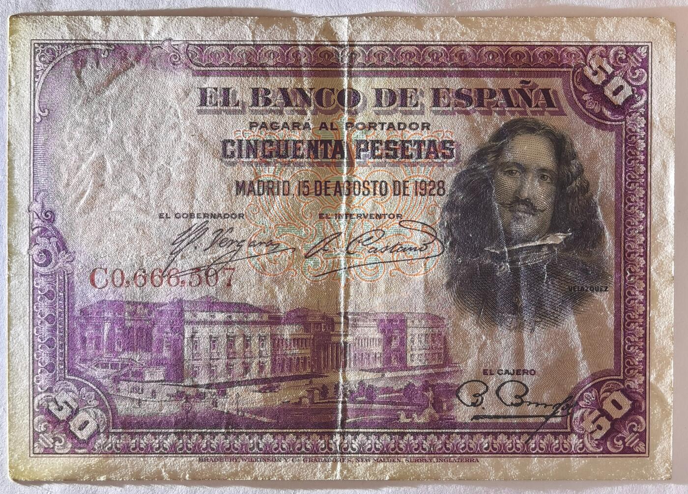 紫瑗钱币——第367期拍卖——纸币场 西班牙 1928年 油画《布雷达的献城》50比塞塔 AU